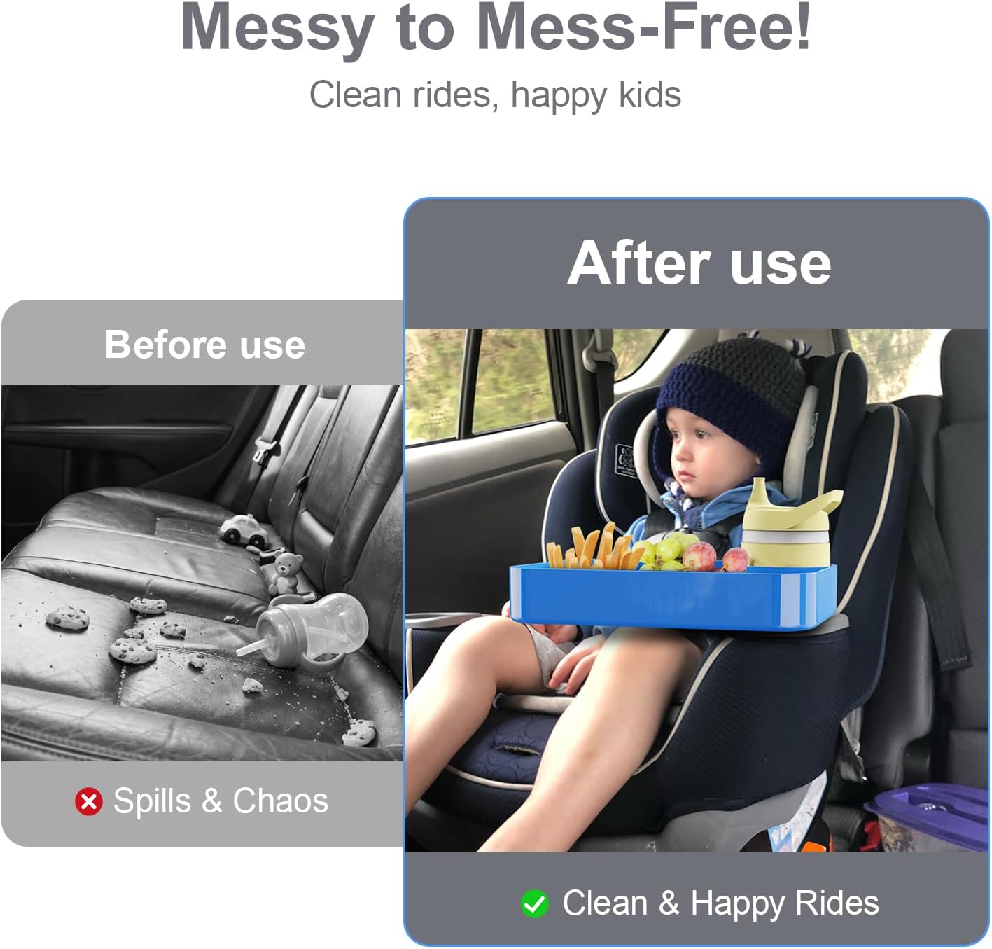 [Pink+Blue] Car Seat Snack Tray for Toddlers - 3 Inch Cup Holder Fits Most Sippy Cups & Straw Bottles with Dip Well, Mess-Free Square Kids Travel Tray Road Trip Essentials, Blue & Pink