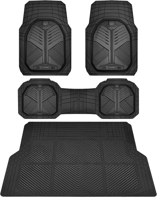 CAR PASS Heavy Duty Rubber Car Mats with Cargo Liner, Deep-Dish Car Floor Mats and Trunk Mat All Weather, Universal Trim-to-Fit for SUVs Trucks Sedans, Waterproof Anti-Slip, Trimmable V12 Black