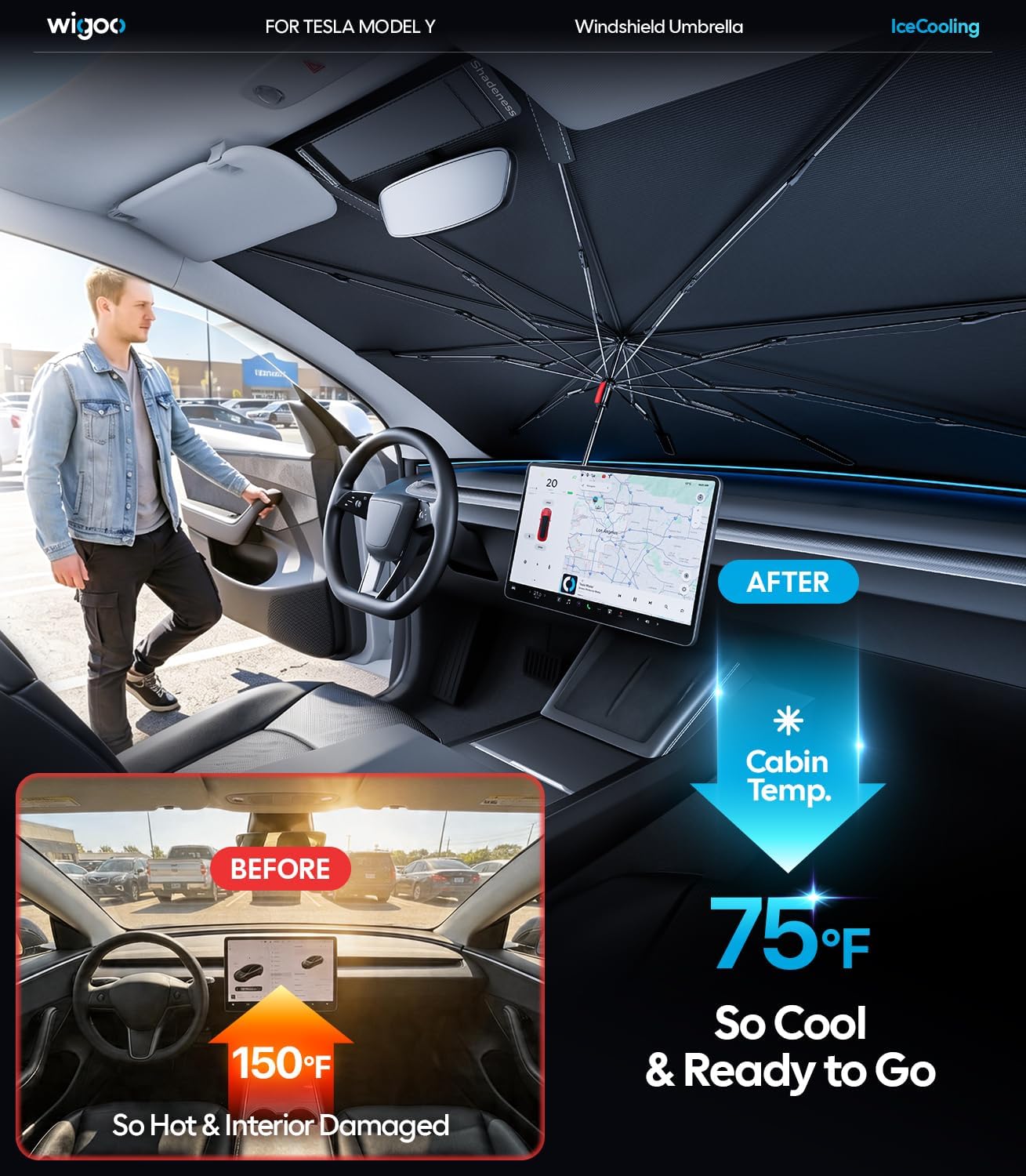 Wigoo Windshield Sun Shade Umbrella for Tesla Model Y [100% Sun Blockage, Ice Cooling Fabric] Foldable Heat Insulation Front Window Sunshade Umbrella for Tesla Model Y 2020–2026 (Juniper)