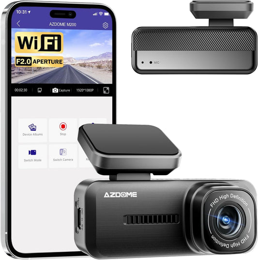 AZDOME M200 Mini Dash Cam WiFi Dashcam - Single Channel Dash Cam for Broad Road Coverage - Built-in WiFi - Full HD Resolution - Parking Monitor - App Connectivity - Collision Detection - Night Vision