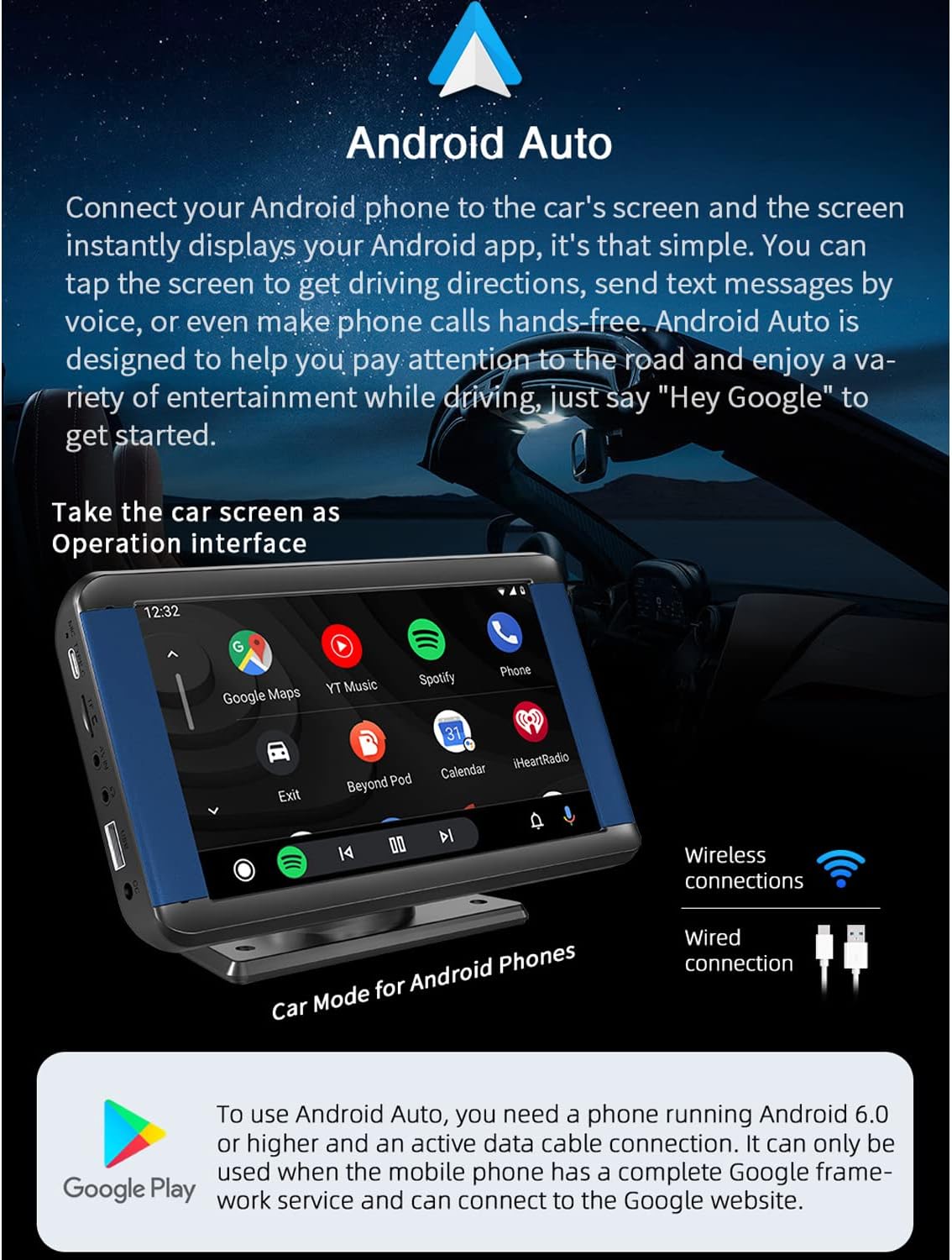 Portable Car Stereo, Compatible for Wireless CarPlay & Wireless Android Auto, 7inchTouchscreen Car Monitor with Backup Camera, Bluetooth, FM Transmitter, Headphone/AUX /USB/ TF Card/ Type C Port