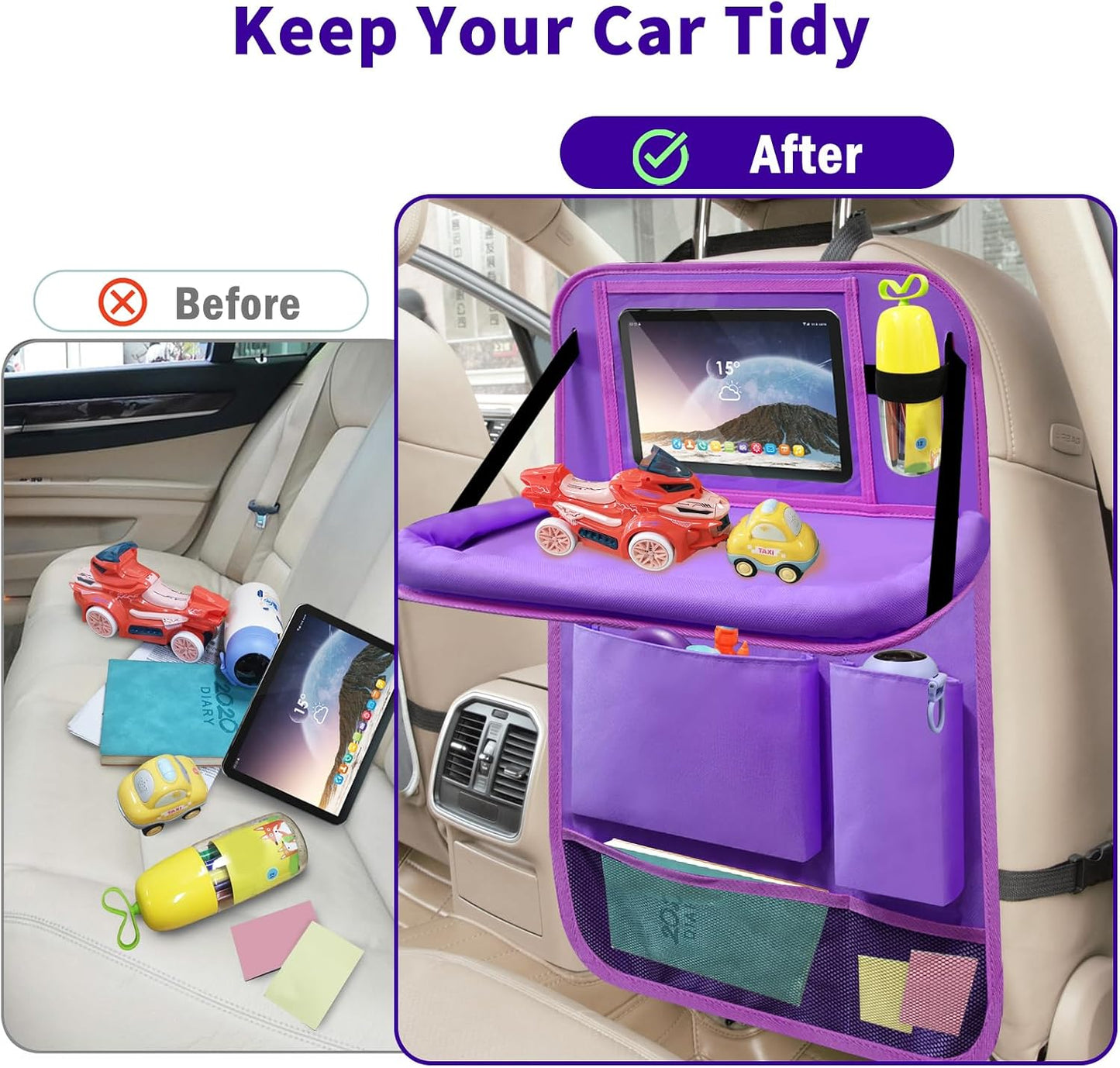 Car Seat Back Organizer Table Tray, Car Seat Storage Organizer for Kids with Foldable Tablet Holder, 6 Storage Pockets Kick Mats 600D Oxford, 2 Pack Purple