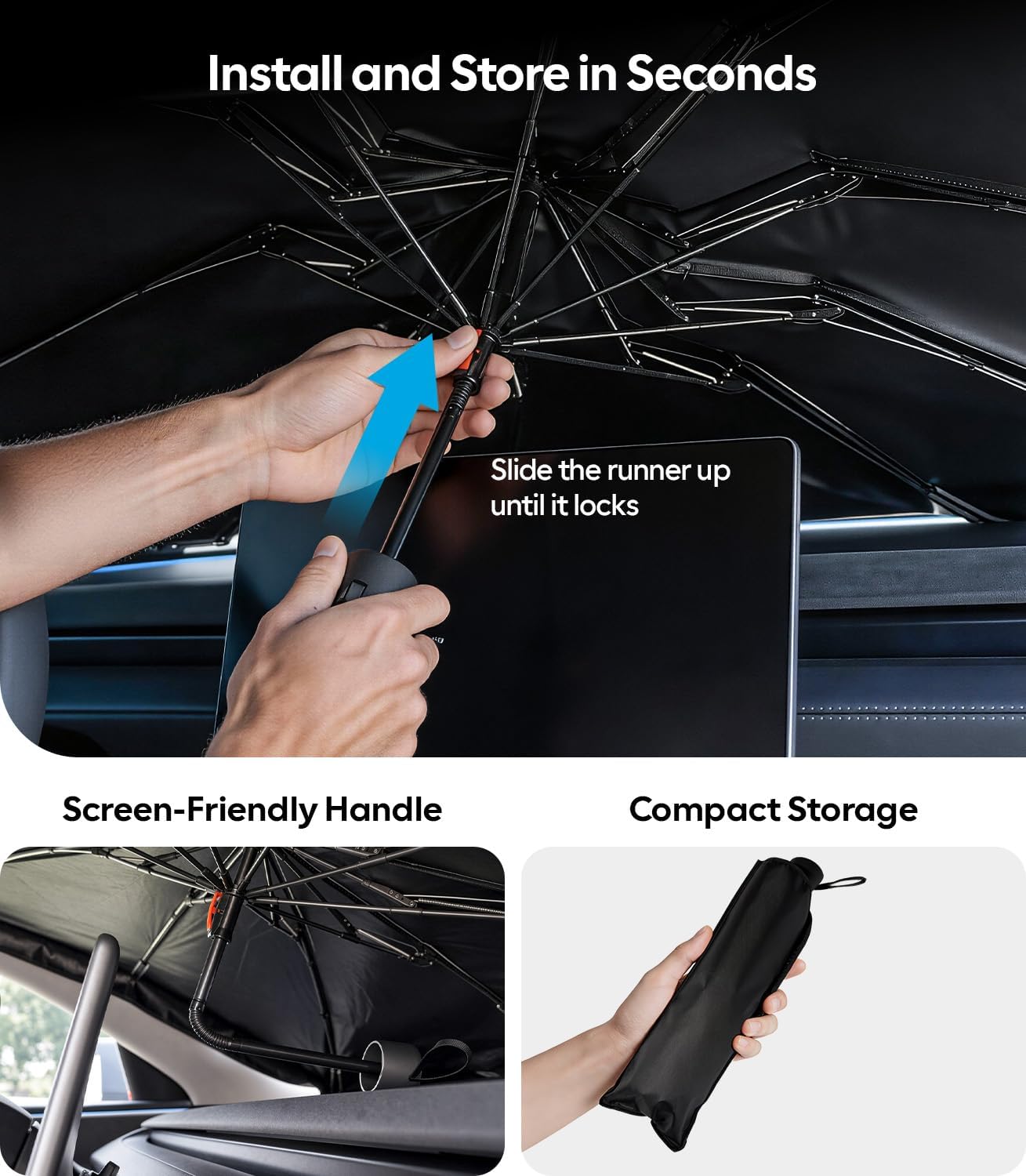 Wigoo Windshield Sun Shade Umbrella for Tesla Model Y [100% Sun Blockage, Ice Cooling Fabric] Foldable Heat Insulation Front Window Sunshade Umbrella for Tesla Model Y 2020–2026 (Juniper)