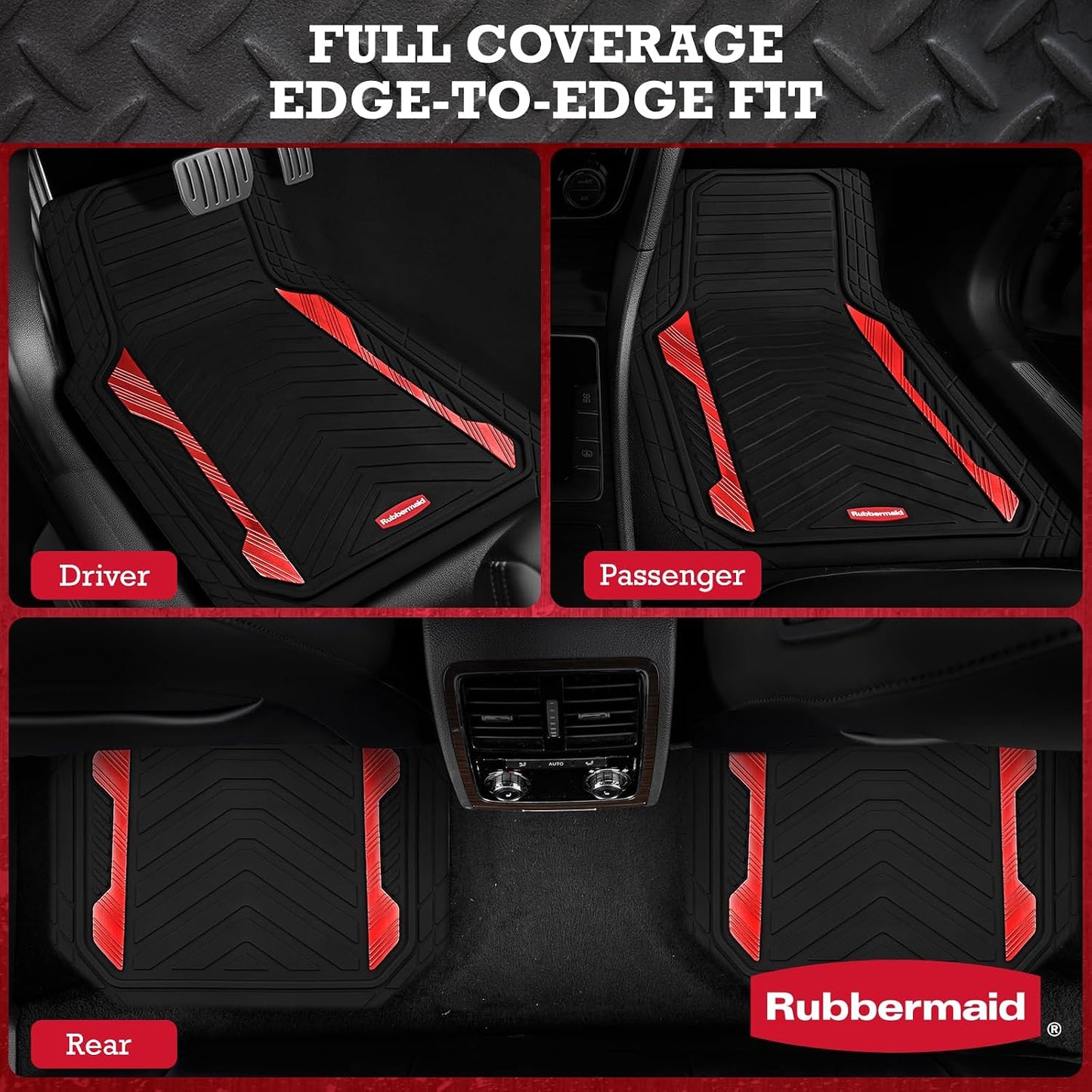 Rubbermaid Car Floor Mat, Heavy Duty All-Weather Car Mats Full Set with Dual-Tone Red Aluminum Inserts – Universal Fit, Anti-Slip Backing, Trim-to-Fit for Most SUV, Sedan, Van