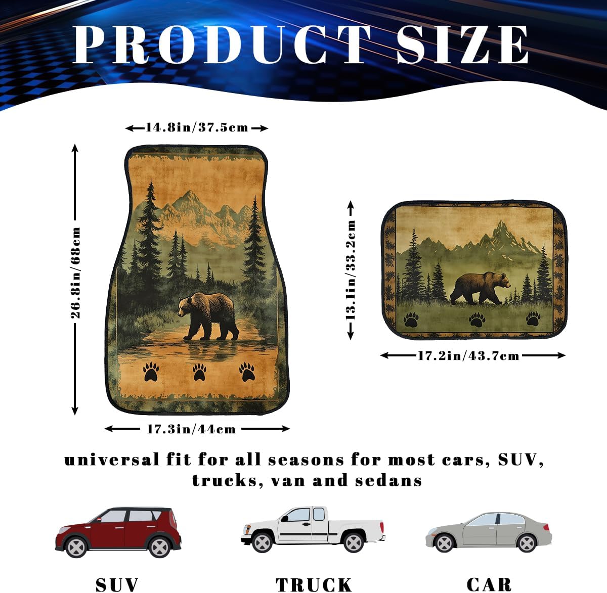 Bear Car Floor Mats Set of 4 Vintage Rustic Forest Lodge Mountain Automotive Foot Mats Rugs Carpet for Car Non-Slip Auto Car Accessories Universal Fit Car Accessories for Truck