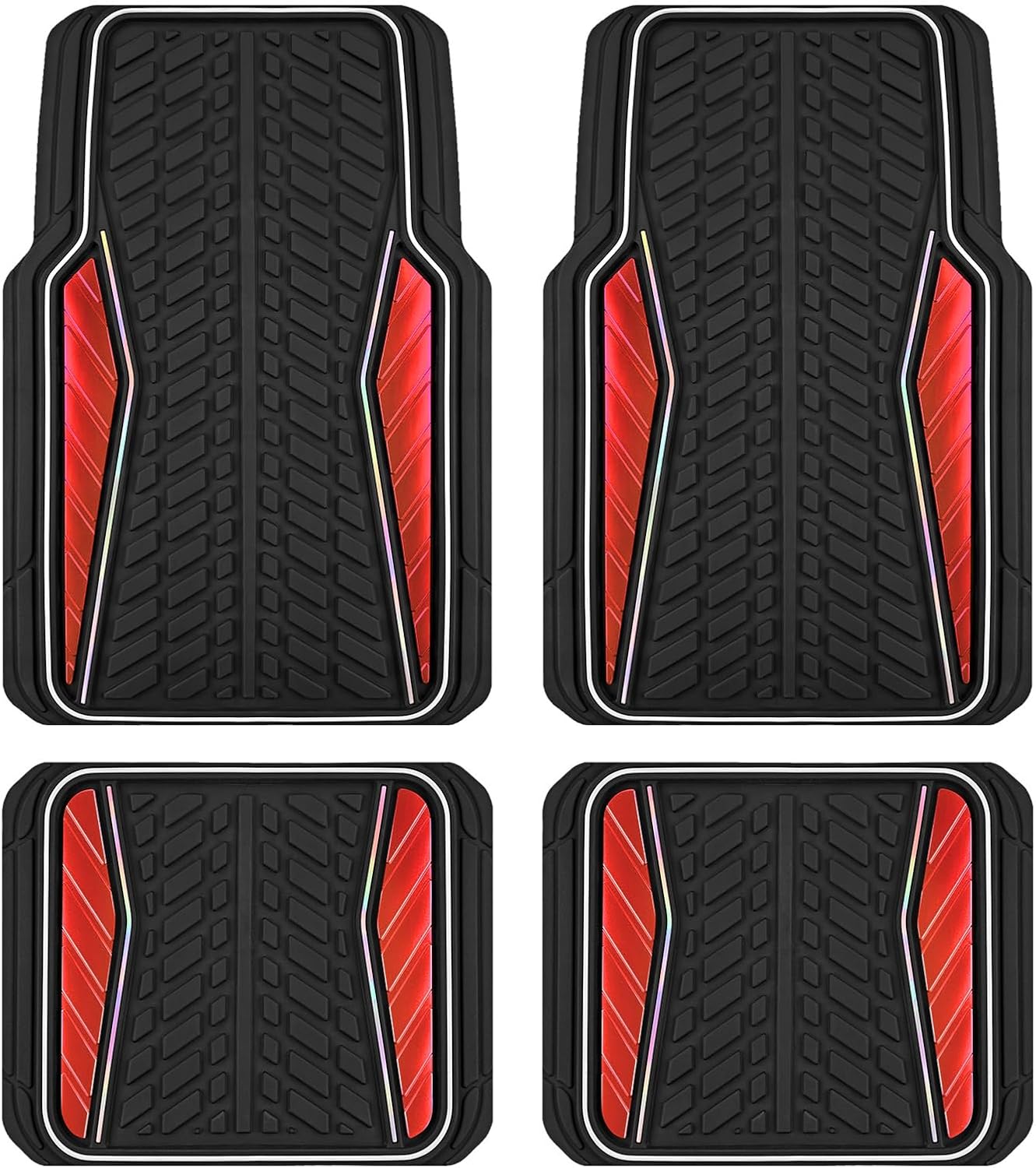 PIC AUTO Car Floor Mats, Red Aluminum-Molded with Full-Circle Iridescent Inlay Strip Car Mats, Universal-Fit Rubber Mats for Cars, Trucks & SUVs, All-Weather, Non-Slip, Easy-to-Clean Interior Mats