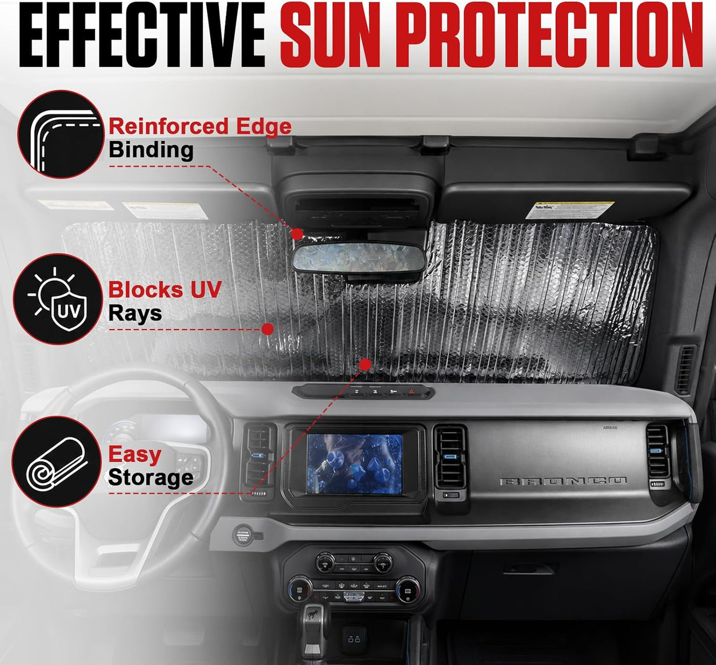 Mabett Windshield Sun Shade for Ford Bronco Accessories 2026 2021-2025 Insulated and Sun Protection by Sun Visor for Bronco 2/4-Door (Silver)