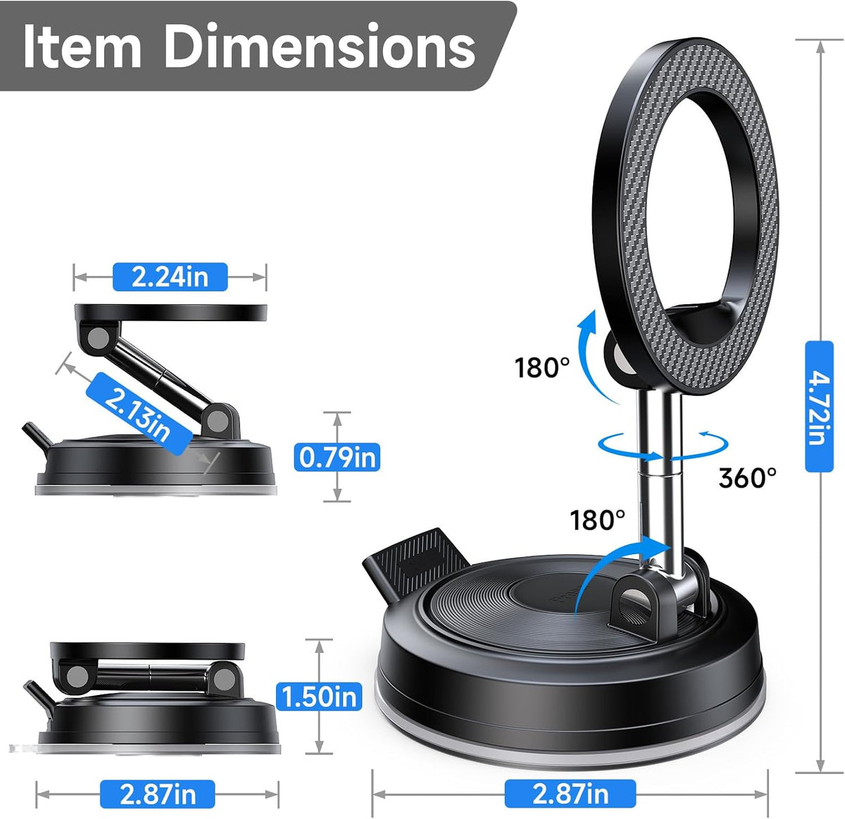 NeverDrop Car Mount for MagSafe [2 Bases for Any Surface | 118+LBS Ultra Grip | 2400gf Strong Magnetic] 360° Adjustable Car Phone Holder, Phone Holders for Your Car for All Smartphones, Carbon Fiber