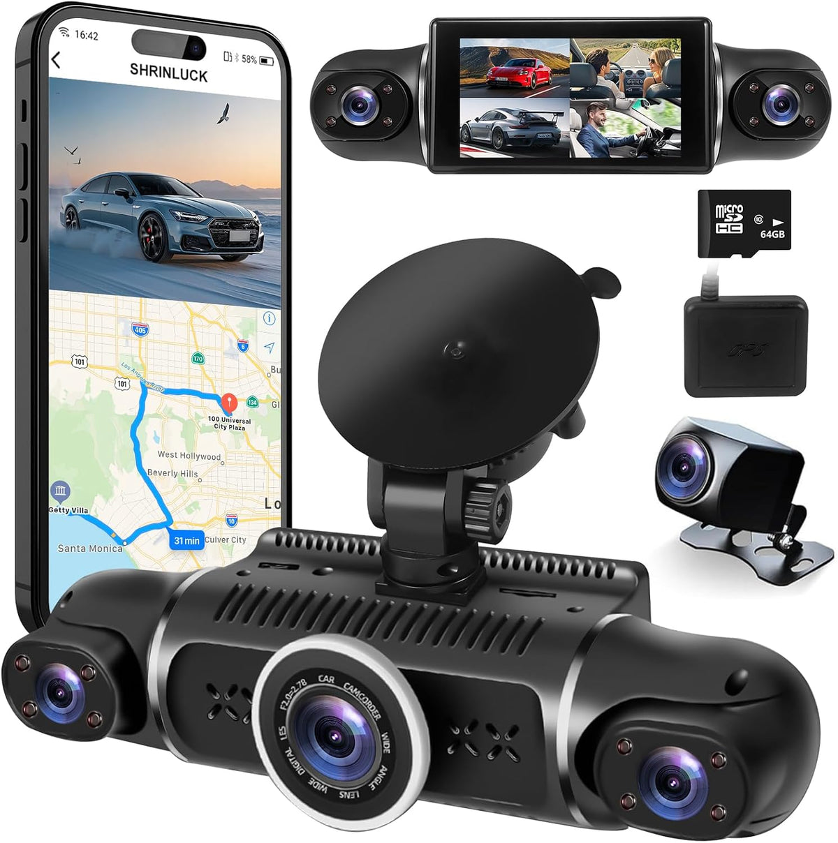 4 Channel Dash Cam 360° View Front Rear Inside & Left Right,Dash Camera FHD 2K+1080Px3 for Car, 8 IR Lamps Night Vision, APP, WiFi, GPS, G-Sensor, 24/7 Parking Mode, with a Free 64GB SD Card