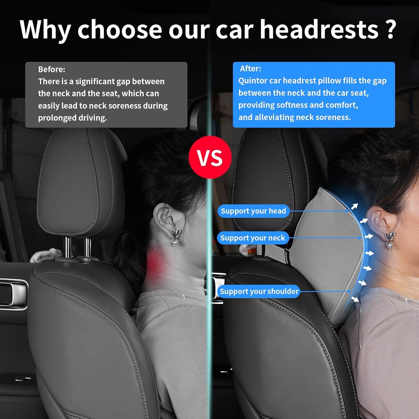 Quintor Genuine Leather Car Neck Pillow,Memory Foam Headrest Cushion, Ergonomic Cervical Support for Tesla Model 3/Y/X, Lexus, BMW- Breathable & All-Season Soft (2 PC)