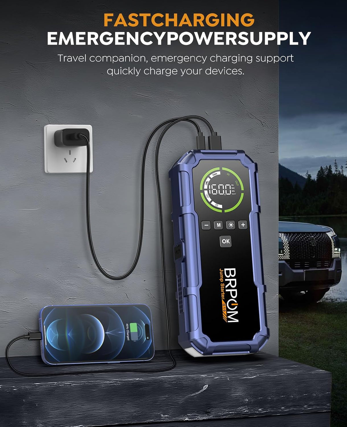 BRPOM 8000A Jump Starter with Air Compressor, 160 PSI Tire Inflator