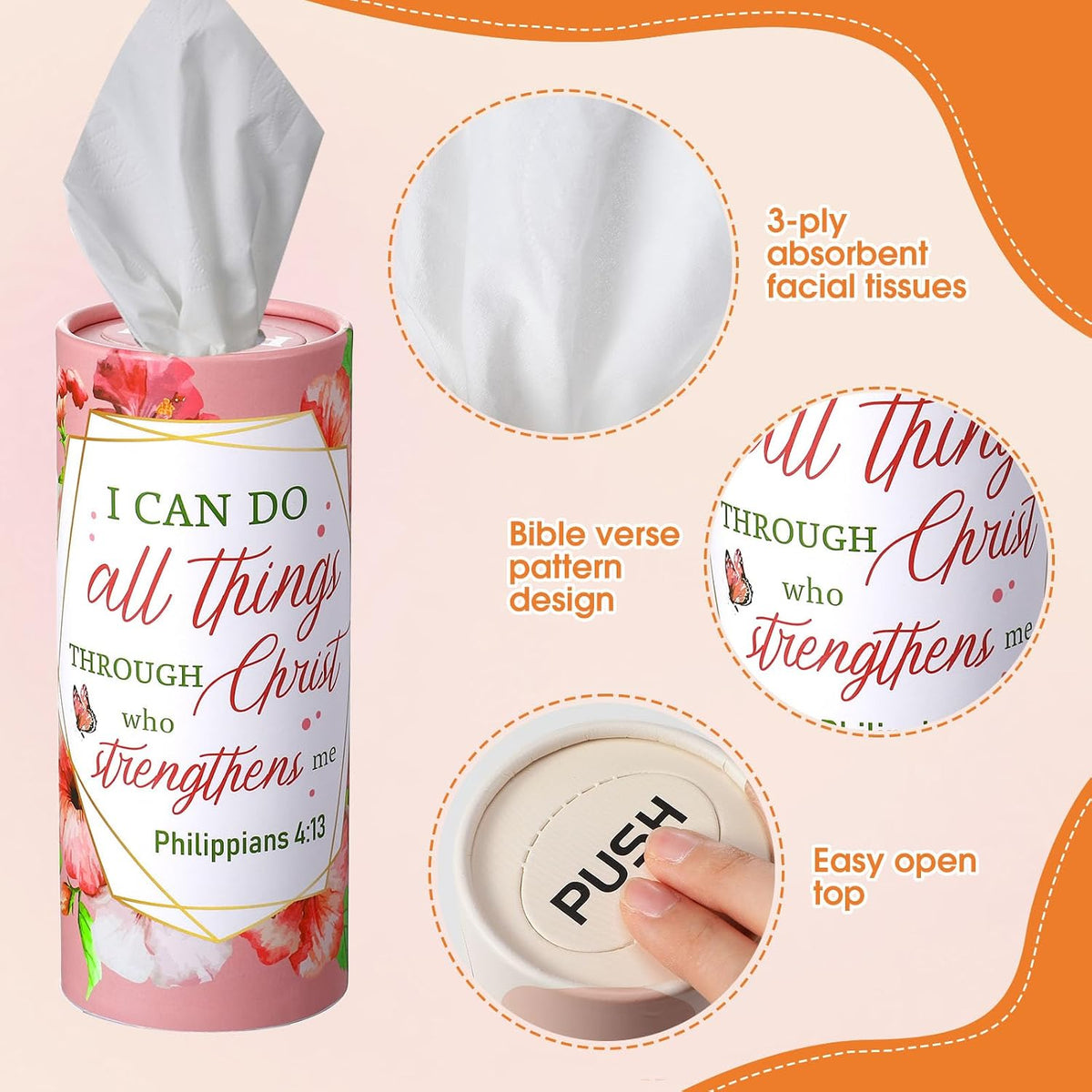 Outus 12 Pack Cylinder Car Tissue Holder, Floral Bible Verse