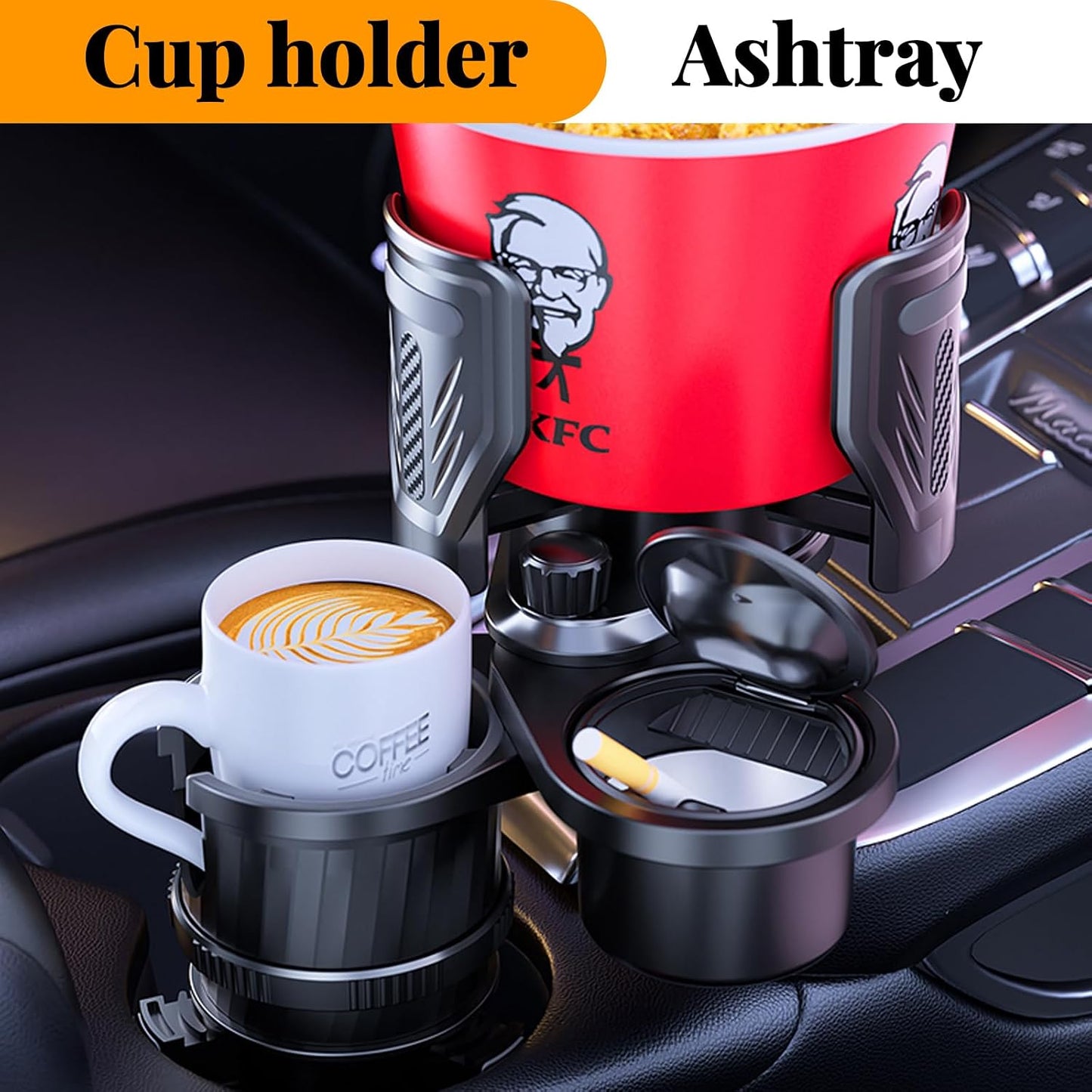 4-in-1 Car Cup Holder with Ash Tray - Adjustable Width, Rotating Base & Lock, Fits 6-10cm Car Slots, Holds Drinks, Fast Food, Bubble Tea (ABS & Zinc Steel)