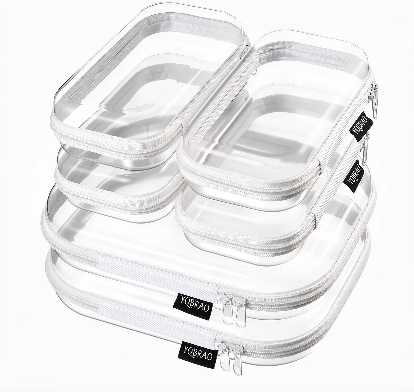 YQBRAO 6 Pack Clear Hard Shell Beauty Organizer (2M+4S), 1.2mm Crush-Proof Cosmetic Case, Reinforced YKK Zippers, Stadium Approved Security Bag for Skincare, Toiletries & Electronics, Multi-Size Set