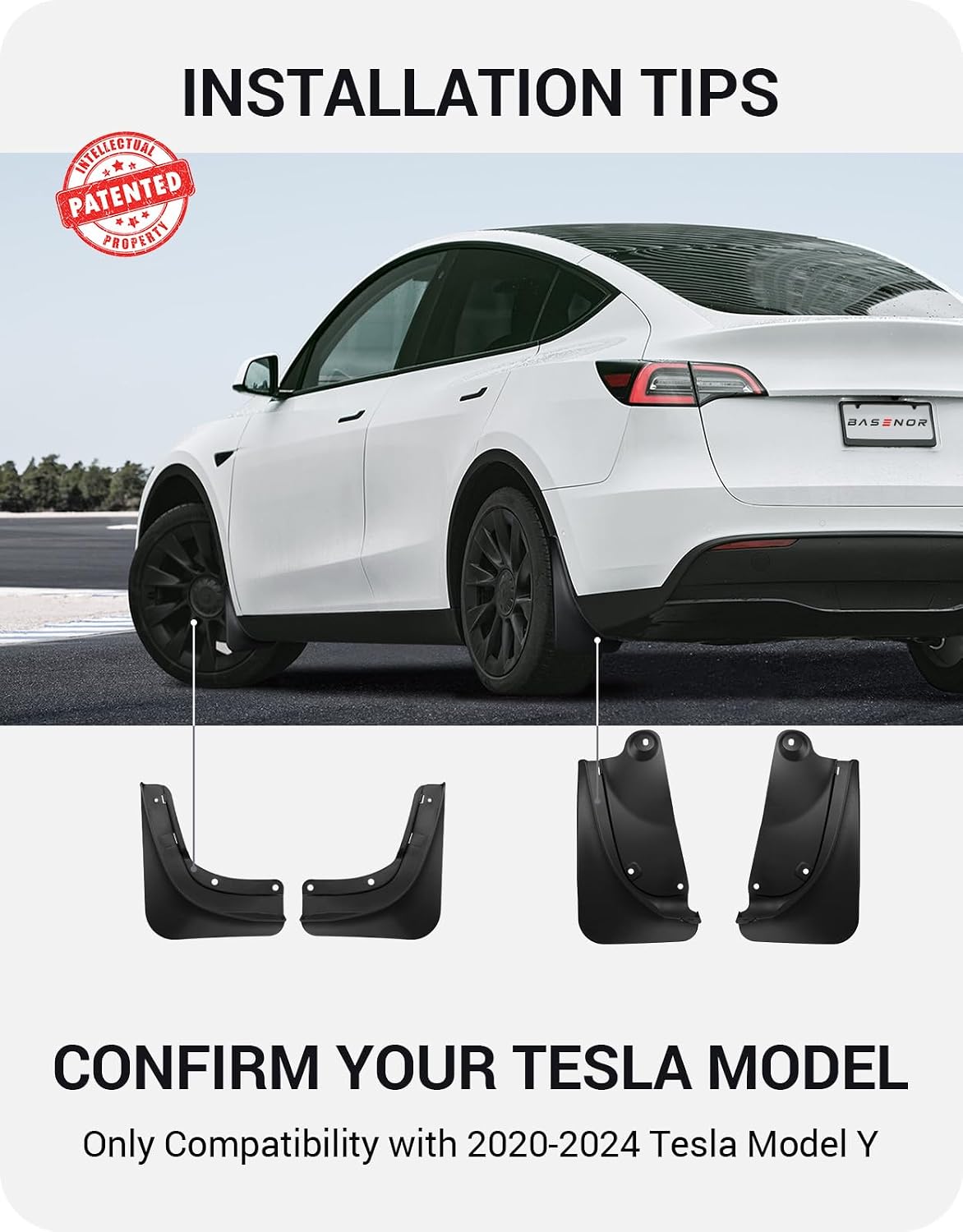 BASENOR 2024-2020 Tesla Model Y Mud Flaps Splash Guards Vehicle Sediment Protection No Drilling No Tape Mudflaps Tire Protector Mudflaps All Weather Tesla Exterior Accessories (Set of 4)