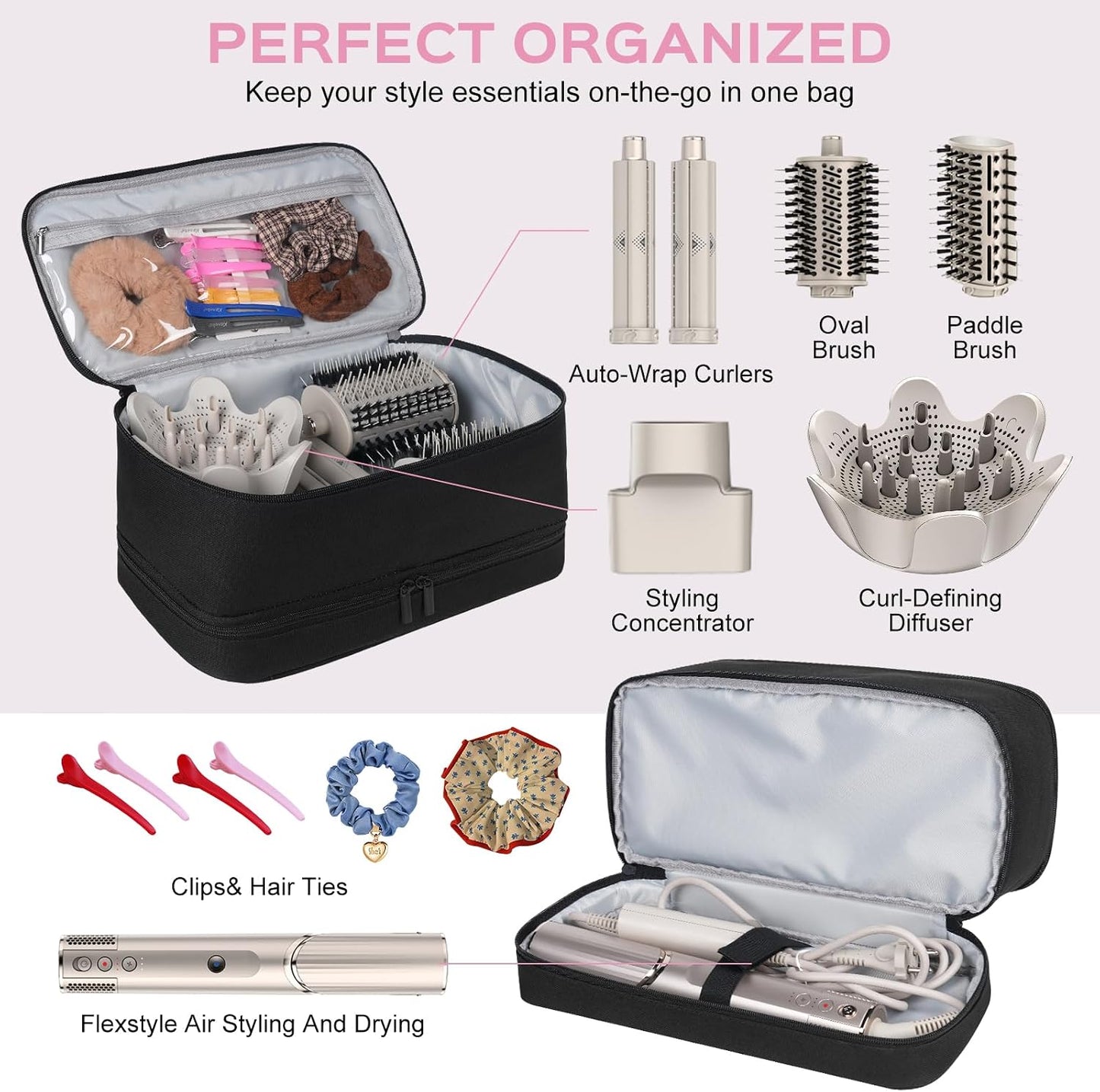 Travel Carrying Case for Shark Flexstyle Air Styling & Drying System,Double-Layer Hair Accessories Tools Storage Bag for Dyson Airwrap Styler Organizer,Black