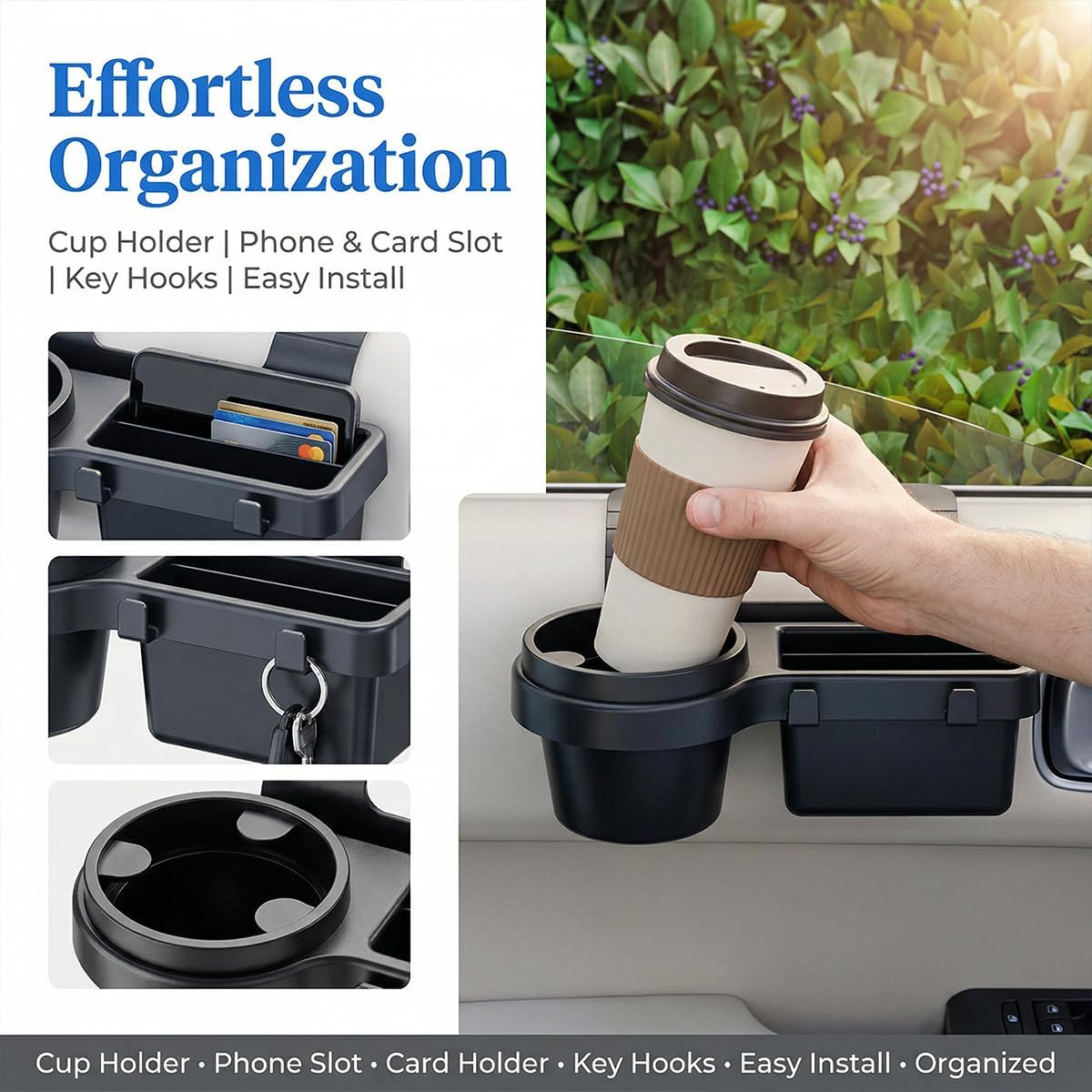 Mandark 2PCS Car Window Storage Organizer, Multifunctional Vehicle Window Mount Storage Rack with Cup Holder Phone Mount, Automotive Interior Door Side Hanging Organizer, Universal Fit