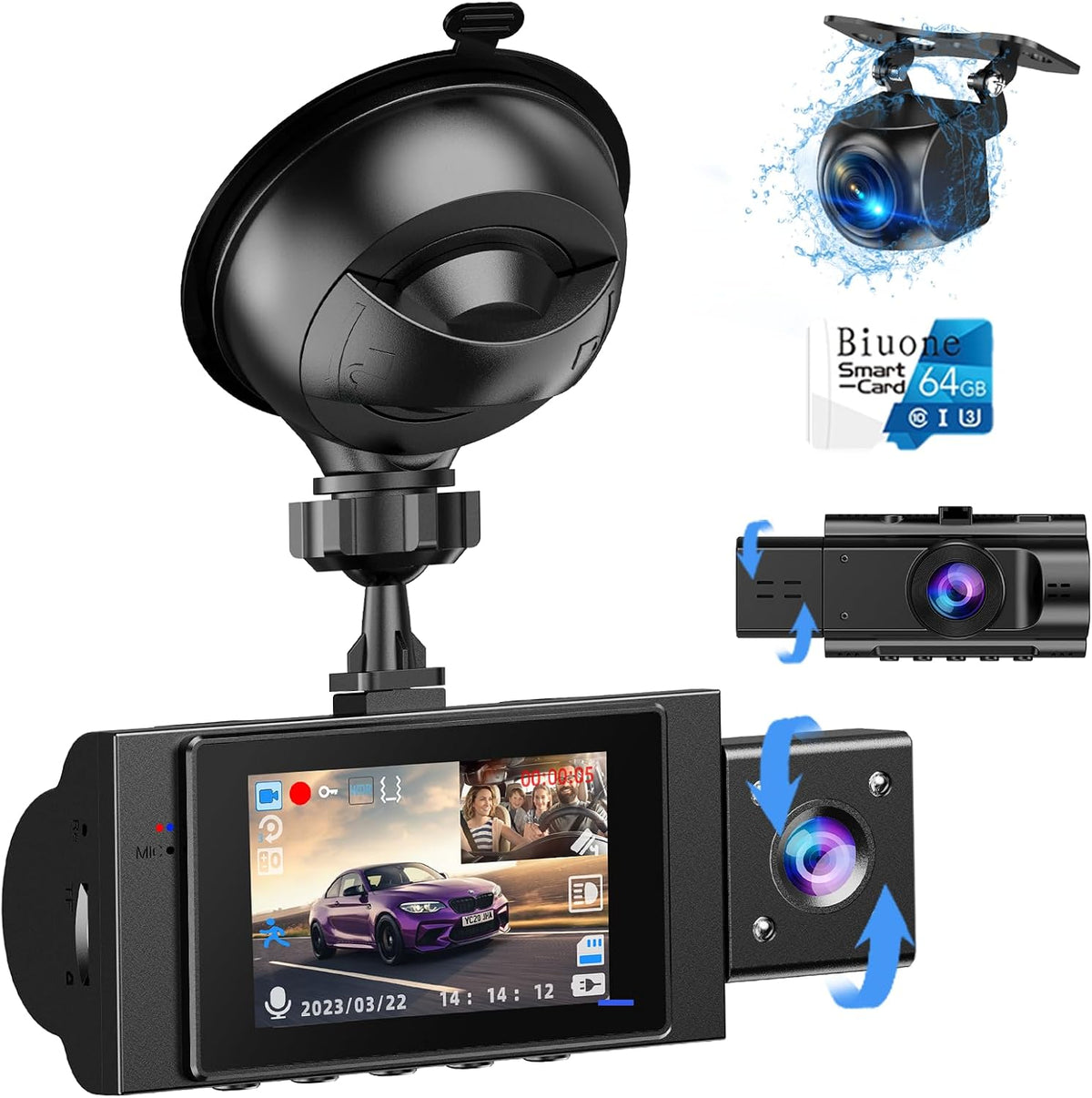 1080P Front and Rear Dash Cam, 3-in IPS Car Cam W/32GB Card
