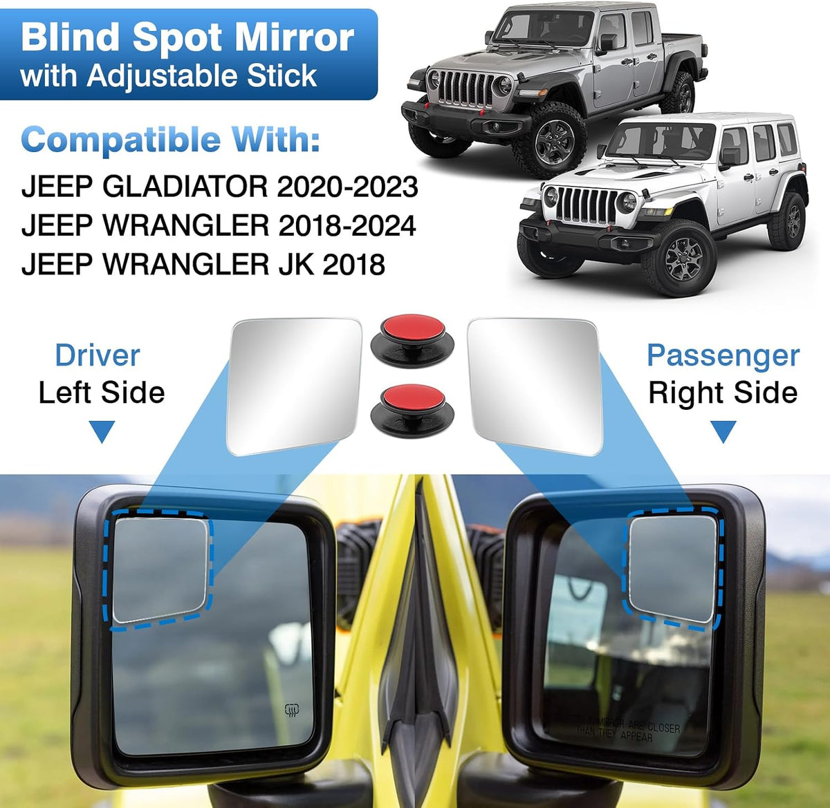 TOP-MAX Convex Stick On Blind Spot Mirrors for Jeep Wrangler 2018-2024 & Gladiator 2020-2023, Custom Fitted Wide-Angle Side Mirrors, HD Glass Design for Enhanced Visibility (Left & Right)