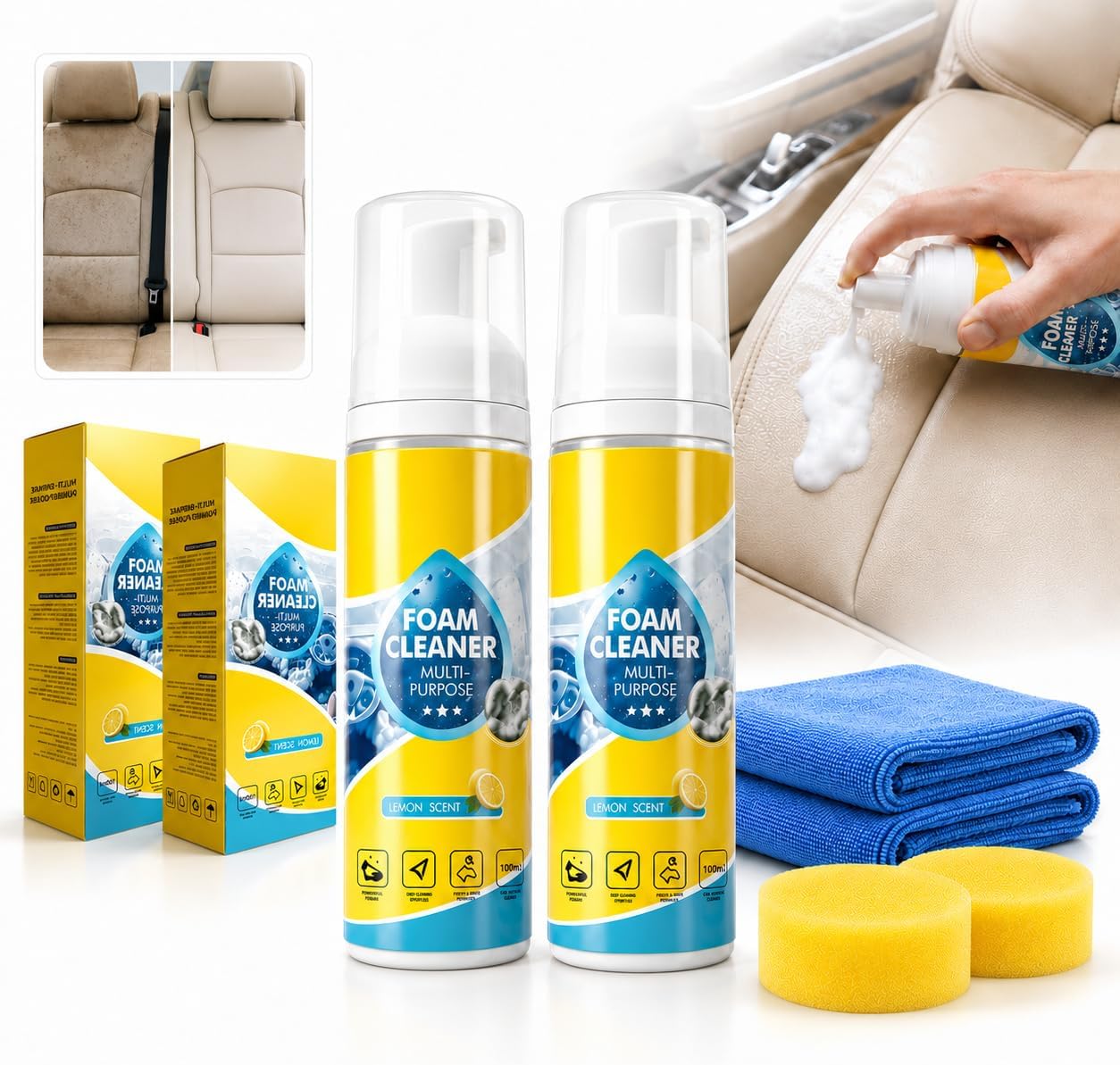 Car Interior Foam Cleaner Kit, No-Rinse Spray, 2 x 4 fl oz | 2 x 4 fl oz no-rinse car interior foam cleaner kit with 2 towels and 2 sponges for dashboard, seats, carpet and upholstery