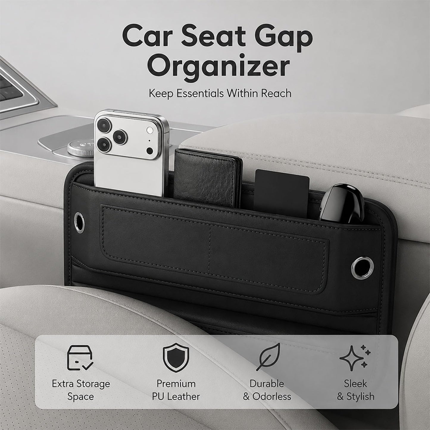 Car Gap Seat Filler, 2 Pack Seat Gap Filler Organizer with Storage Pocket, PU Leather Front Seat Organizer for Phone, Keys, Wallet, Cards and Sunglasses, Universal Fit for Cars SUVs Trucks