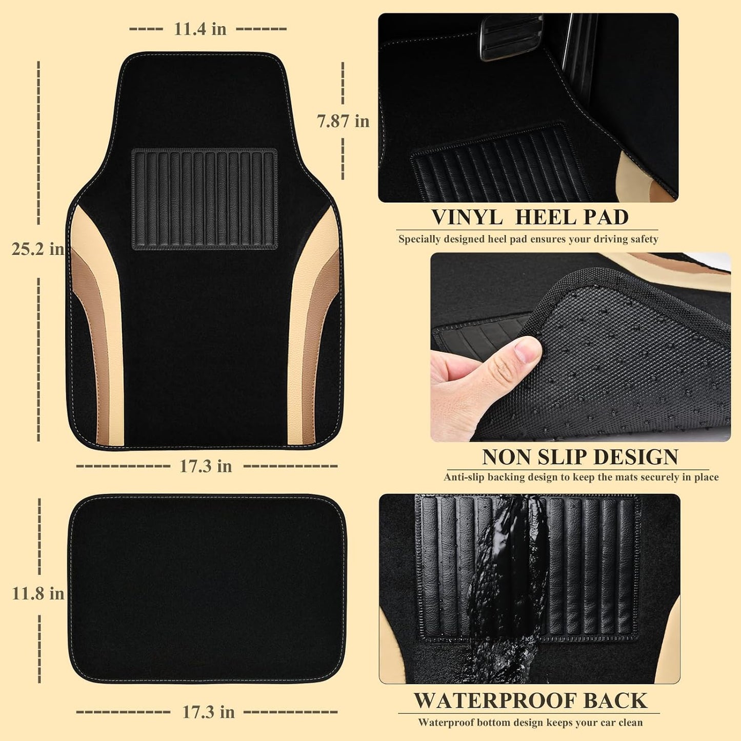 CAR PASS Beige Leather Car Floor Mats, Sporty Waterproof Car Carpet,Universal Automotive Floor Mats Fit for Sedans, Cars, Mid Trucks, Vans, SUV, Set of 4 (Black and Beige)
