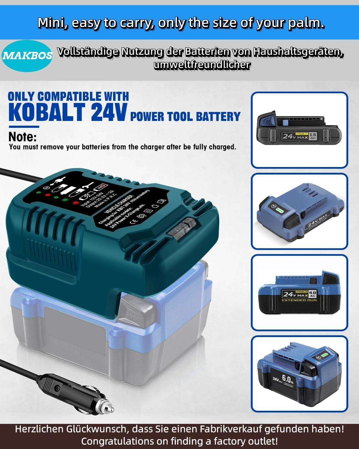 Charger for Kobalt 24V Battery,Portable Mini Quick Car Charger,Cigarette Lighter Plug(for Kobalt 24V Battery Only)