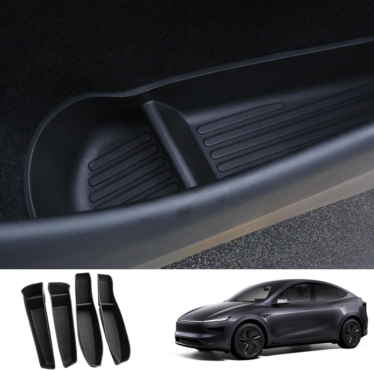 4PCS Car Door Organizer Tray for Tesla Model Y Juniper 2026 2025 Door Side Storage Box for Juniper Accessories Door Pocket Liners TPE Front & Rear Side Organizer Tray Protector Liner
