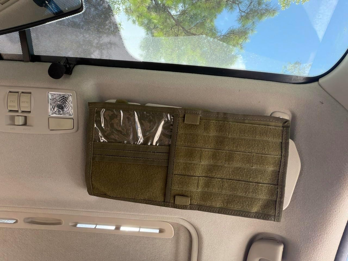 Car Sun Visor Organizer, Tactical MOLLE Visor Panel for SUV, Pickup Truck, Jeep & Car – Double-Sided EDC Storage Panel for Sunglasses, Documents, Flashlight, Pens & Tools