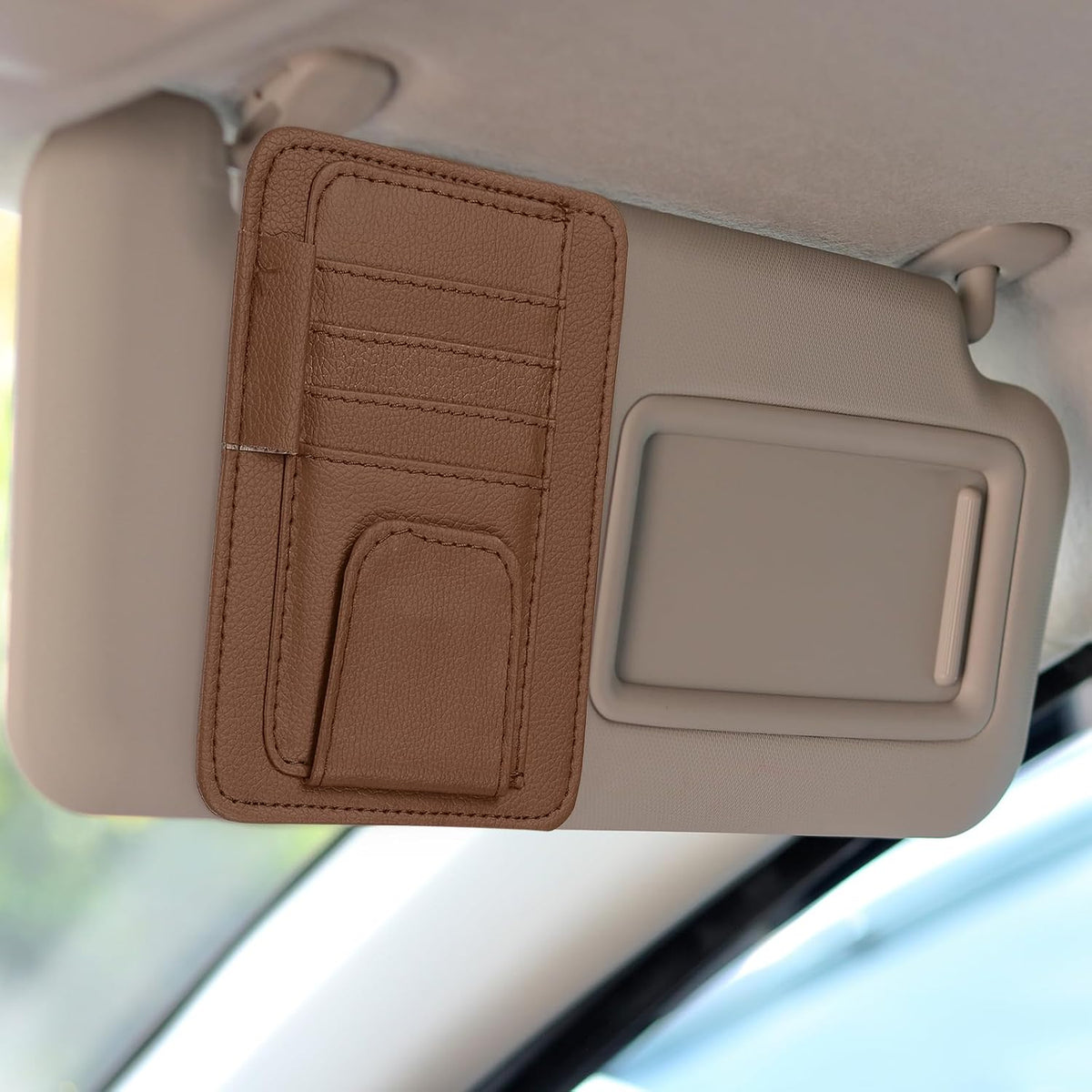 HARFINGTON 2Pcs Car Sun Visor Organizer 6.02" x 4.76" Leather Multi-Pocket Visor Card Sleeve Pocket Car Truck SUV Interior Storage Pouch for Driving License Credit Card Bill Sunglasses, Brown