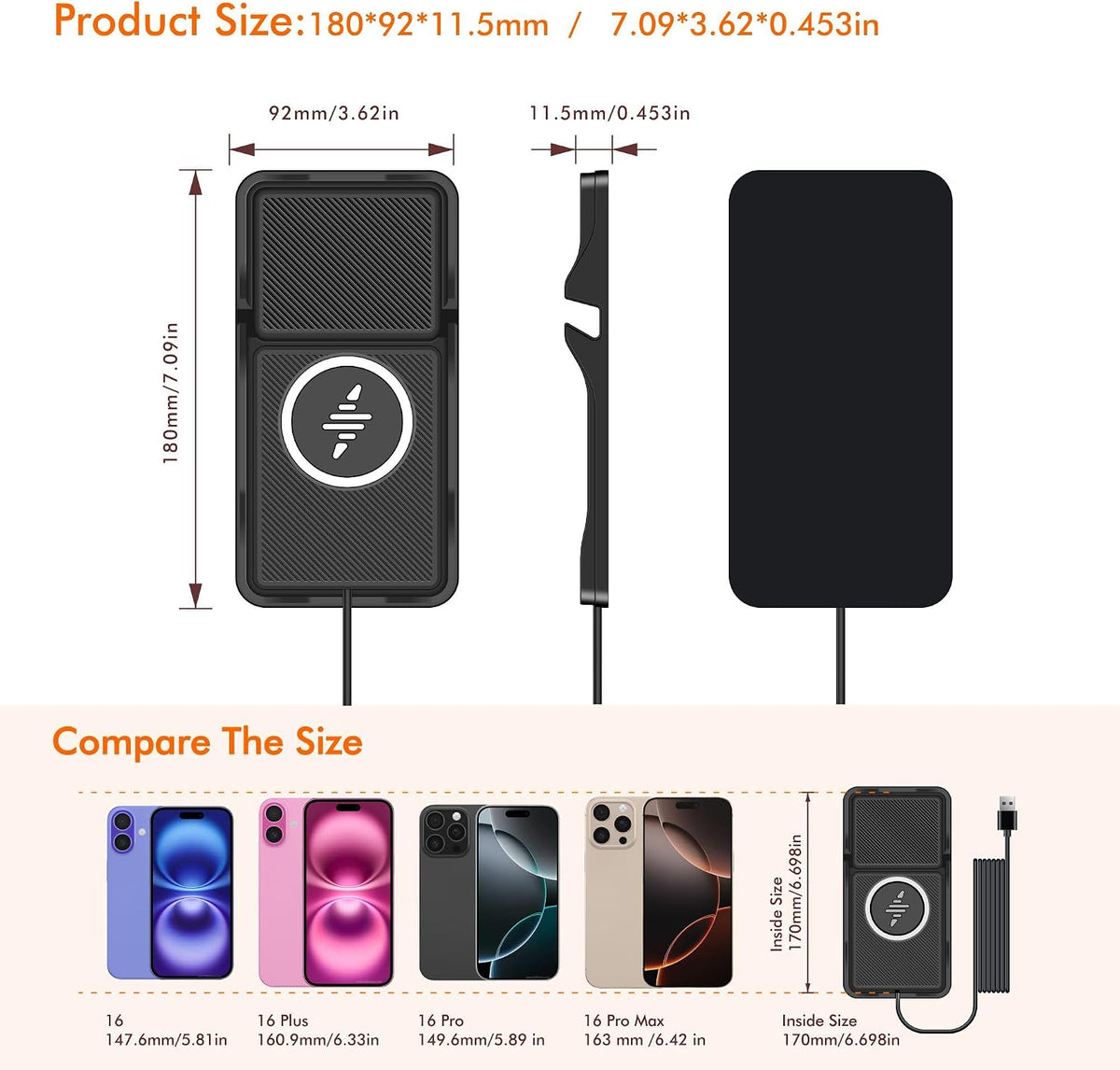 Wireless Car Charger Pad for iPhone 17/16/15/14/13/12 & Samsung, Non Slip Fast Wireless Charging Pad for Car Dashboard Console, Portable USB A Phone Charger for Vehicle SUV Truck Travel