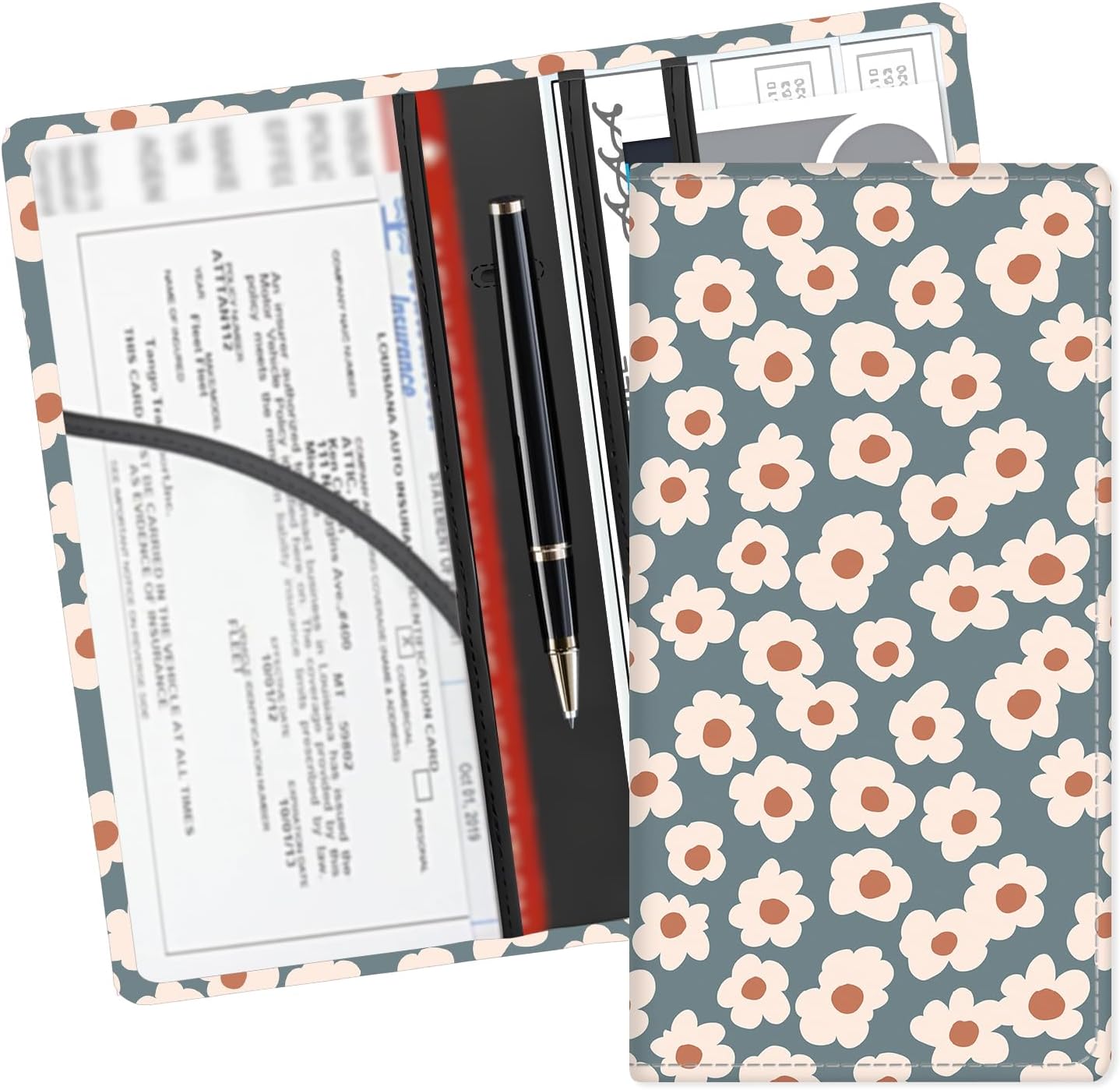 Leather Car Registration and Insurance Card Holder, Cute Car Accessories Vehicle Glove Box Car Organizer for Documents, Cards, License Grey Cute Flowers