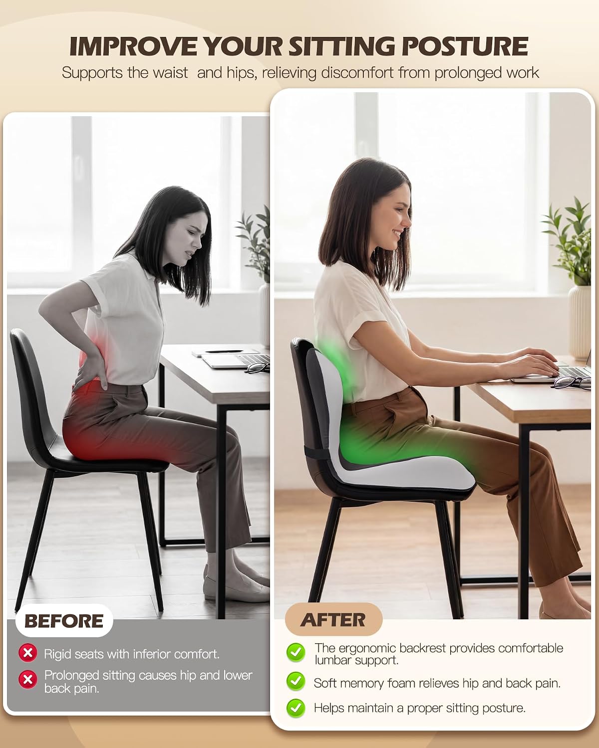 Office Chair Cushion for Tailbone &amp; Low Back Pain Relief, Seat Cushions for Office Chairs with Comfortable Foam and High Backrest, Suitable for Office Chairs, Cars, Trucks, and Home Chairs