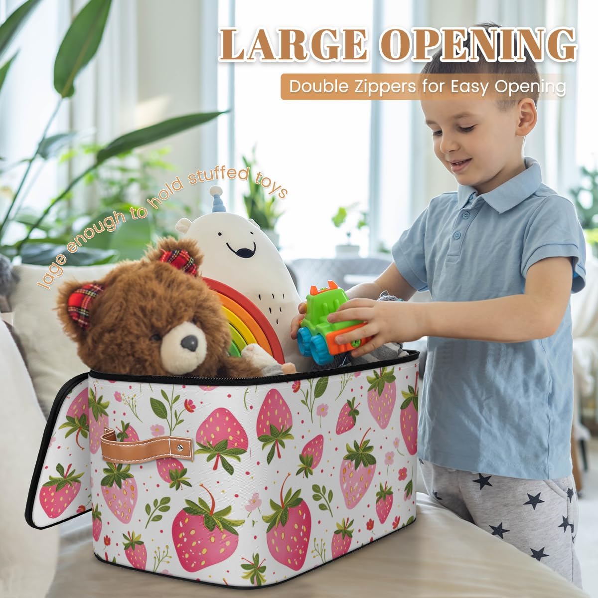 Storage Bin with Lid, Strawberry Stackable Closet Storage Bins, Decorative Bedroom Organizer Box, Lidded Baskets Living Room Storages Boxes Cube Organizer, Cute Container with Handles