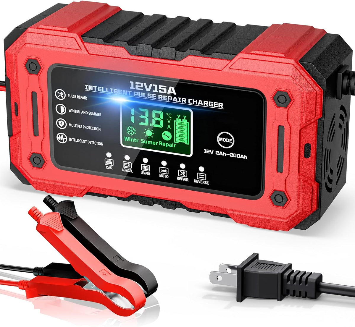 Car Battery Charger 12V 15A Smart Trickle Charger Fully Automatic