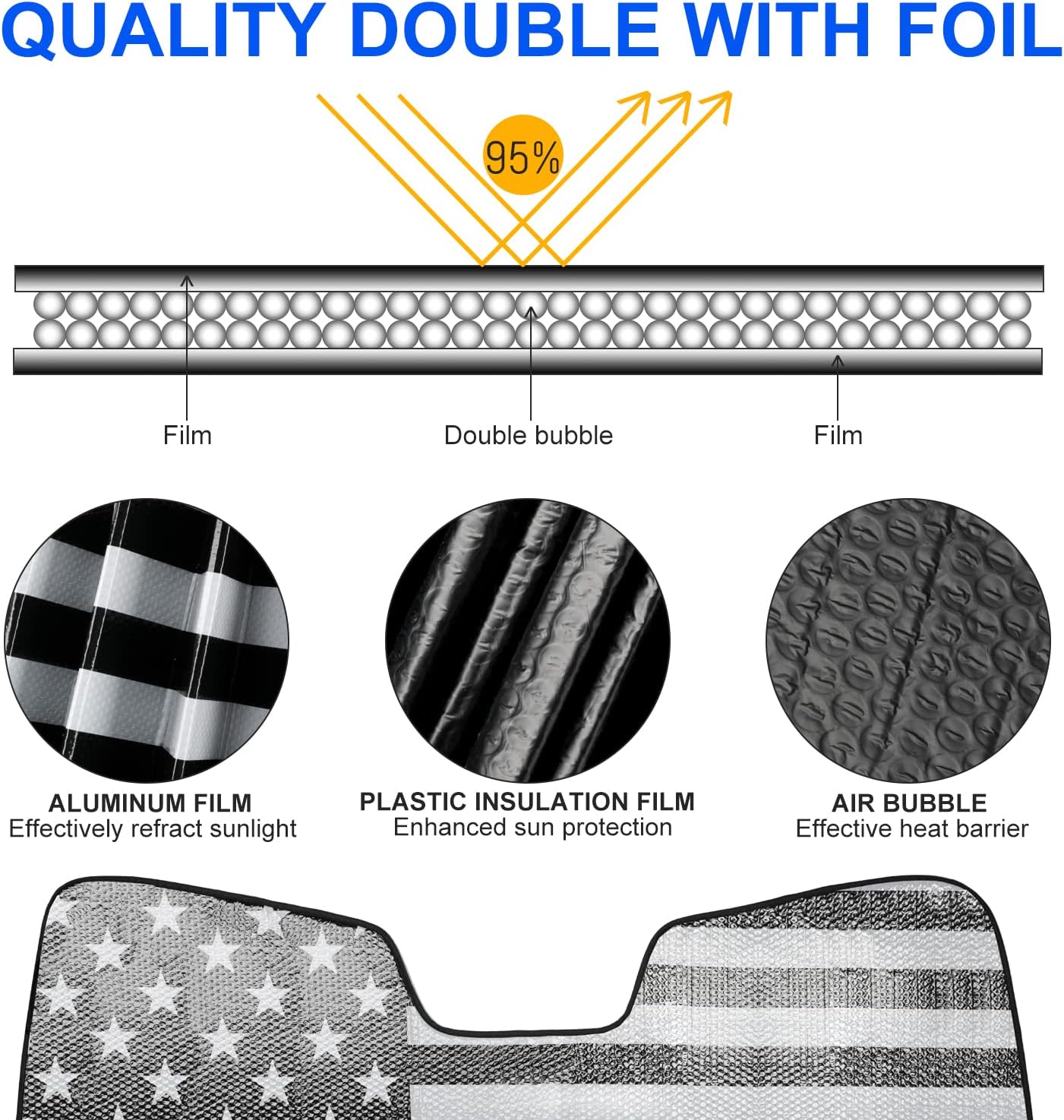 Litivy Windshield Sun Shade Compatible with Jeep Wrangler JK JKU JL JLU 1997-2023 & Jeep Gladiator JT 2020-2023 16.5"x52.5" Folding Front Window Sun Shade for Car Accessories (American Flag)