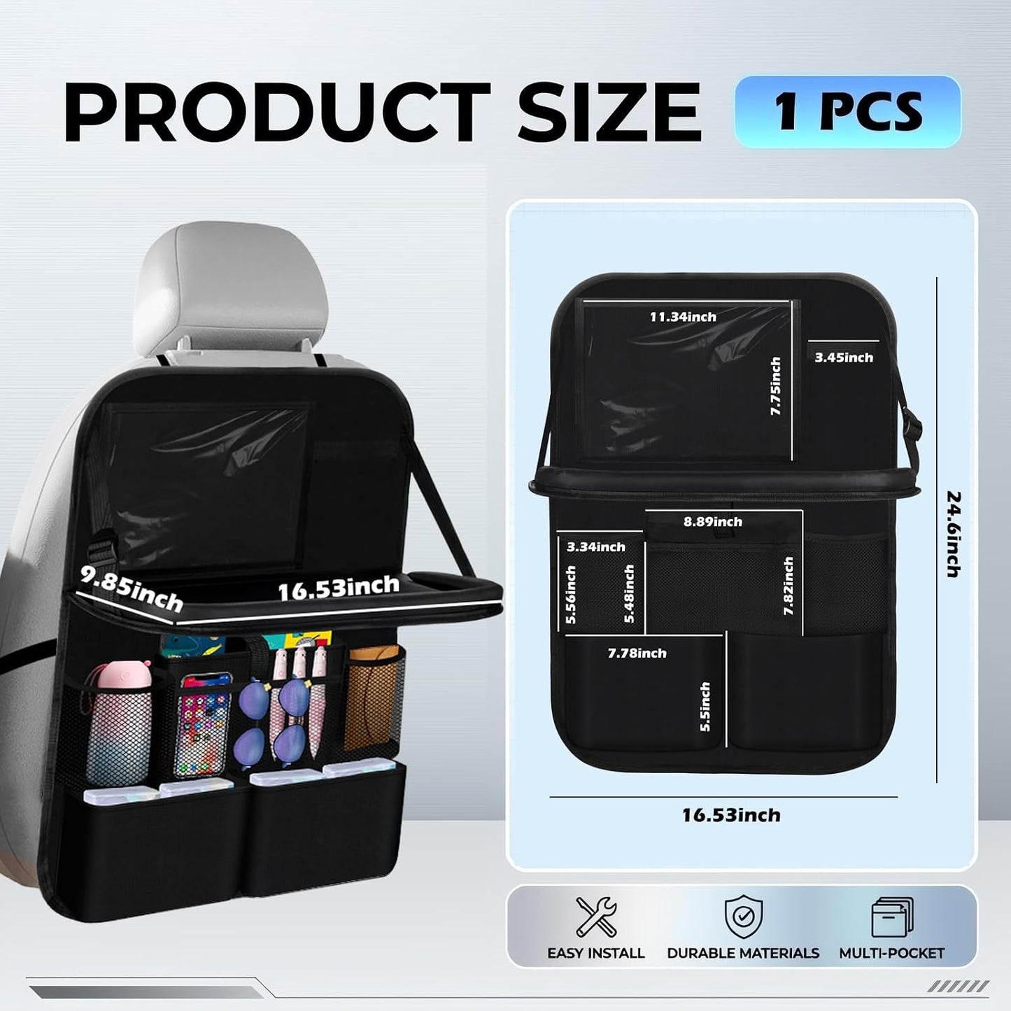 2 in 1 Hanging Backseat Car Organizer,Waterproof Back Seat Car Organizer | with Table Trays,Multifunctional Cars Seats Backs Organizers as Kick Mats Back Seat Protector for Vehicles