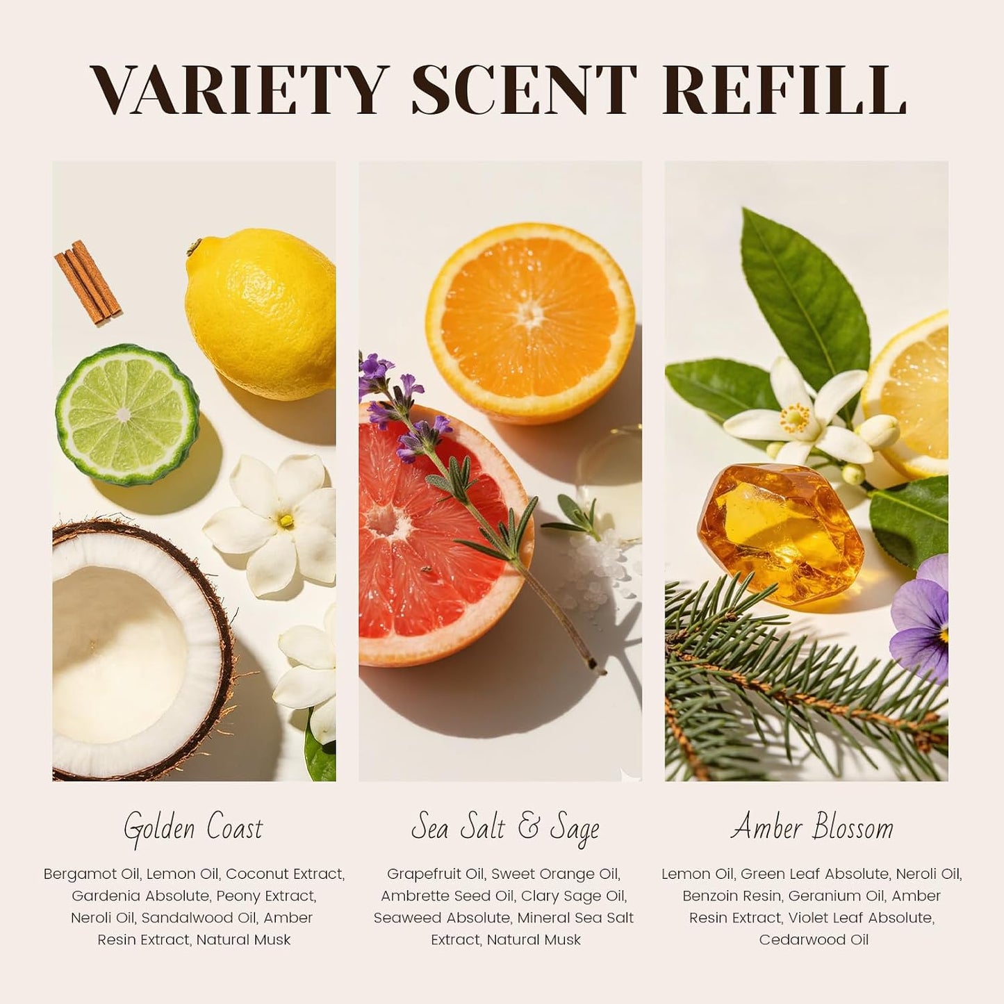 Car Air Freshener - Wood Air Freshener-Amber Blossom, Golden Coast,Sea Salt & Sage, Variety Scent Refill - Long Lasting Natural Car Fresheners - 1 Metal Clip & 3 Refill Oil Included