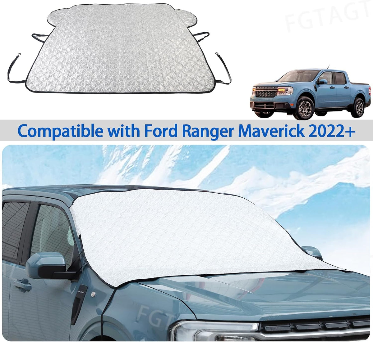 Windshield Snow Cover Fit for Ford Ranger Maverick 2022-2026, Front Windshield Cover for Ice and Snow, Auto Extra Thick Windshield Ice Cover Protects Windshield from Rain, Sun, Frost (Silver)