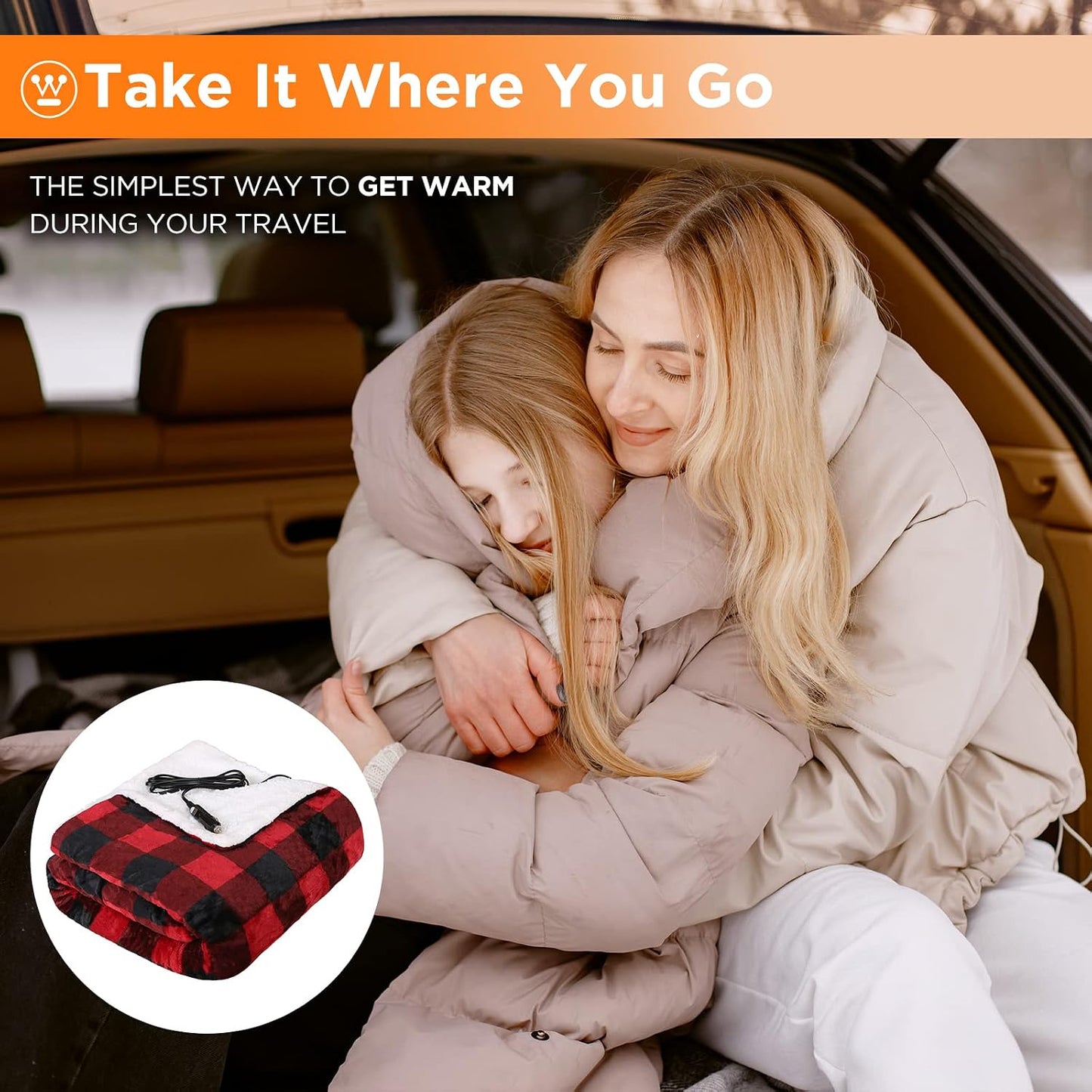 Westinghouse Heated Car Blanket, 12-Volt Electric Blanket for Car, Truck, SUV, RV, Portable Heated Throw for Camping, Red Buffalo Plaid, 59" x 43”