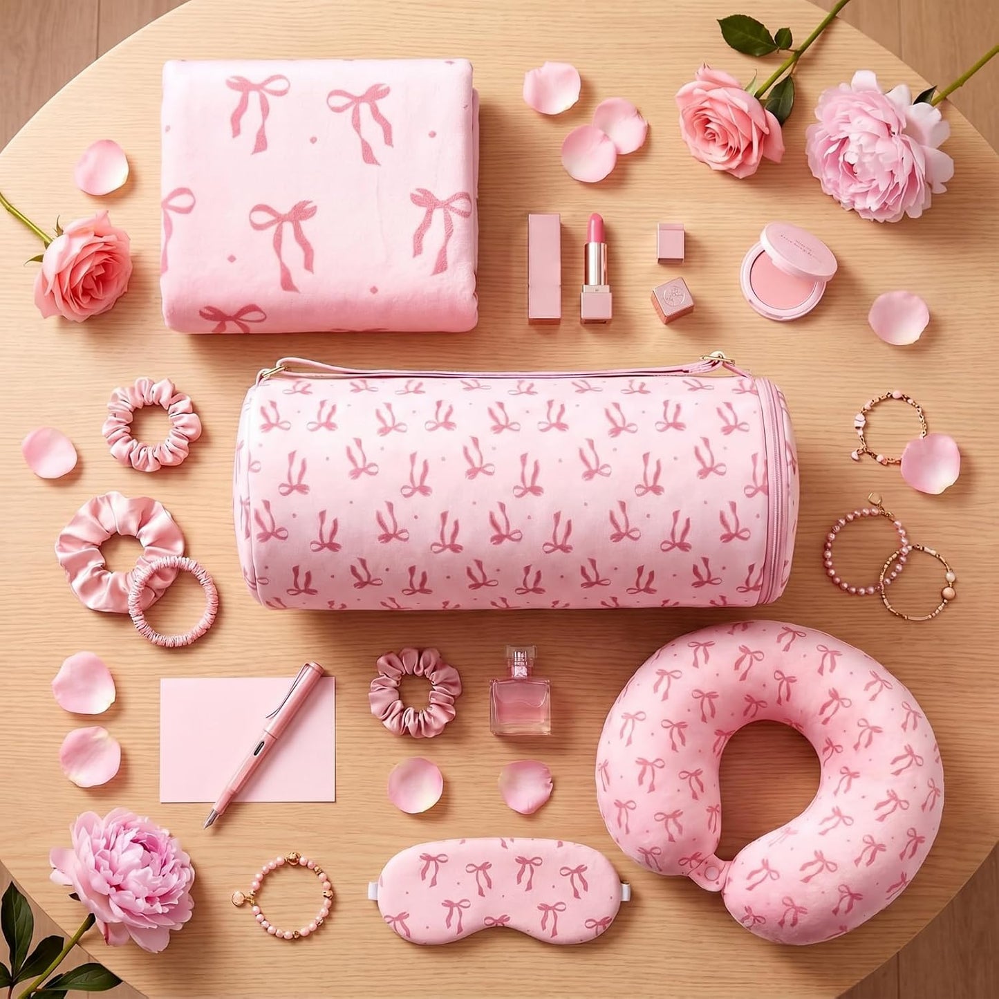 Moukeren 4 Pcs Pink Bow Travel Pillow and Blanket Set Memory Foam Neck Pillow Flannel Blanket Eye Mask Pink Bow Storage Bag for Airplane Essentials Car Train Travel for Girls Women Sleeping