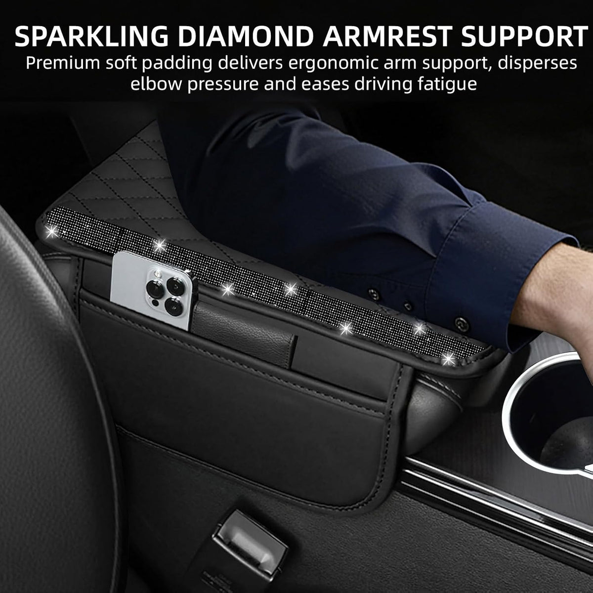NBTEPEM Bling Car Center Console Cover, Leather Car Arm Rest Cover Cushion with 2 Storage Bags, Middle Console Cover Universal Armrest Protector Pads, Bling Accessories for Most Vehicles (Black)