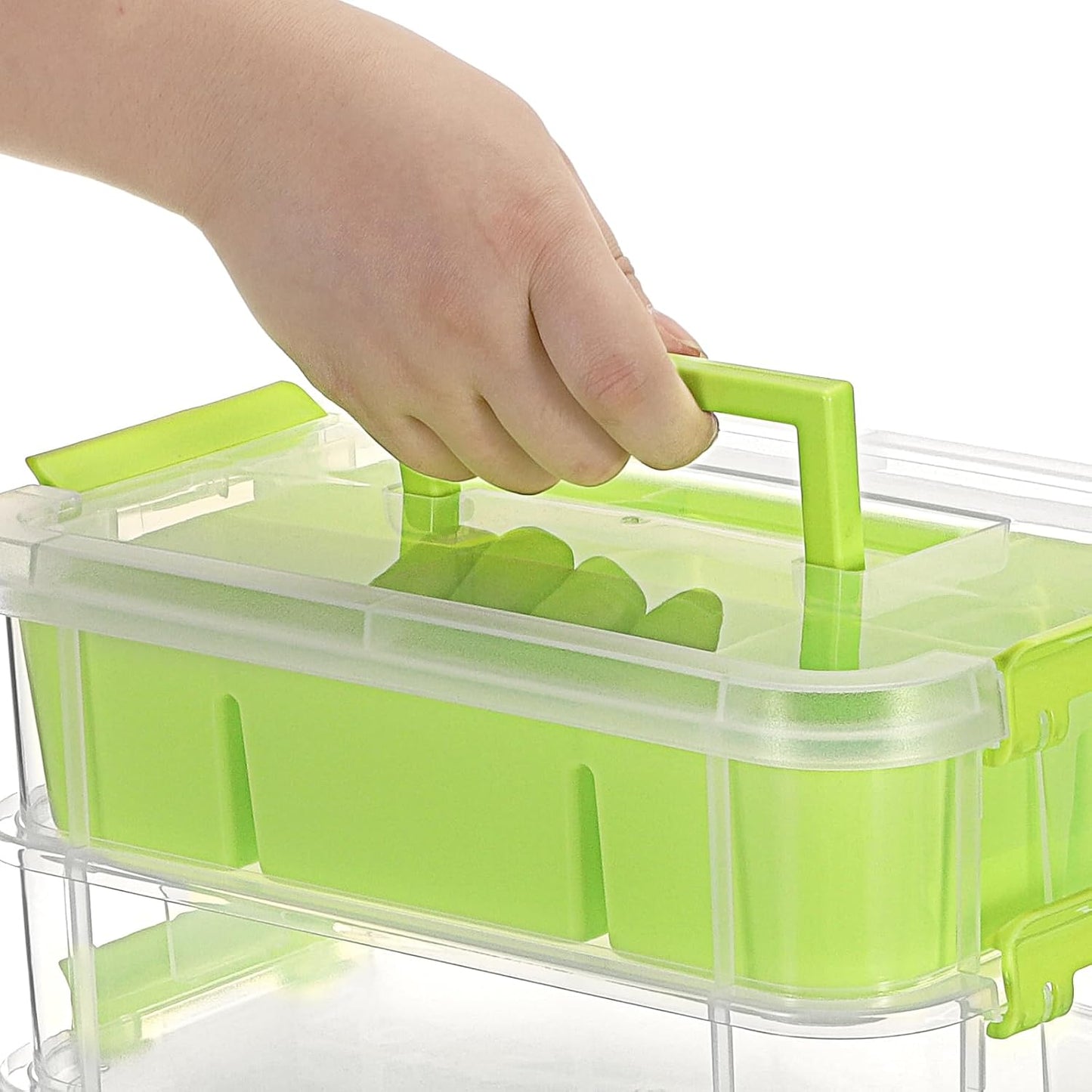 JUXYES 4-Tiers Plastic Stack Carry Storage Containers Box wih Handle Lids | Clear Stackable Latching Storage Bin With 2 Tray for School Office, Organizing Sewing, Art Craft, DIY Supplies, Green
