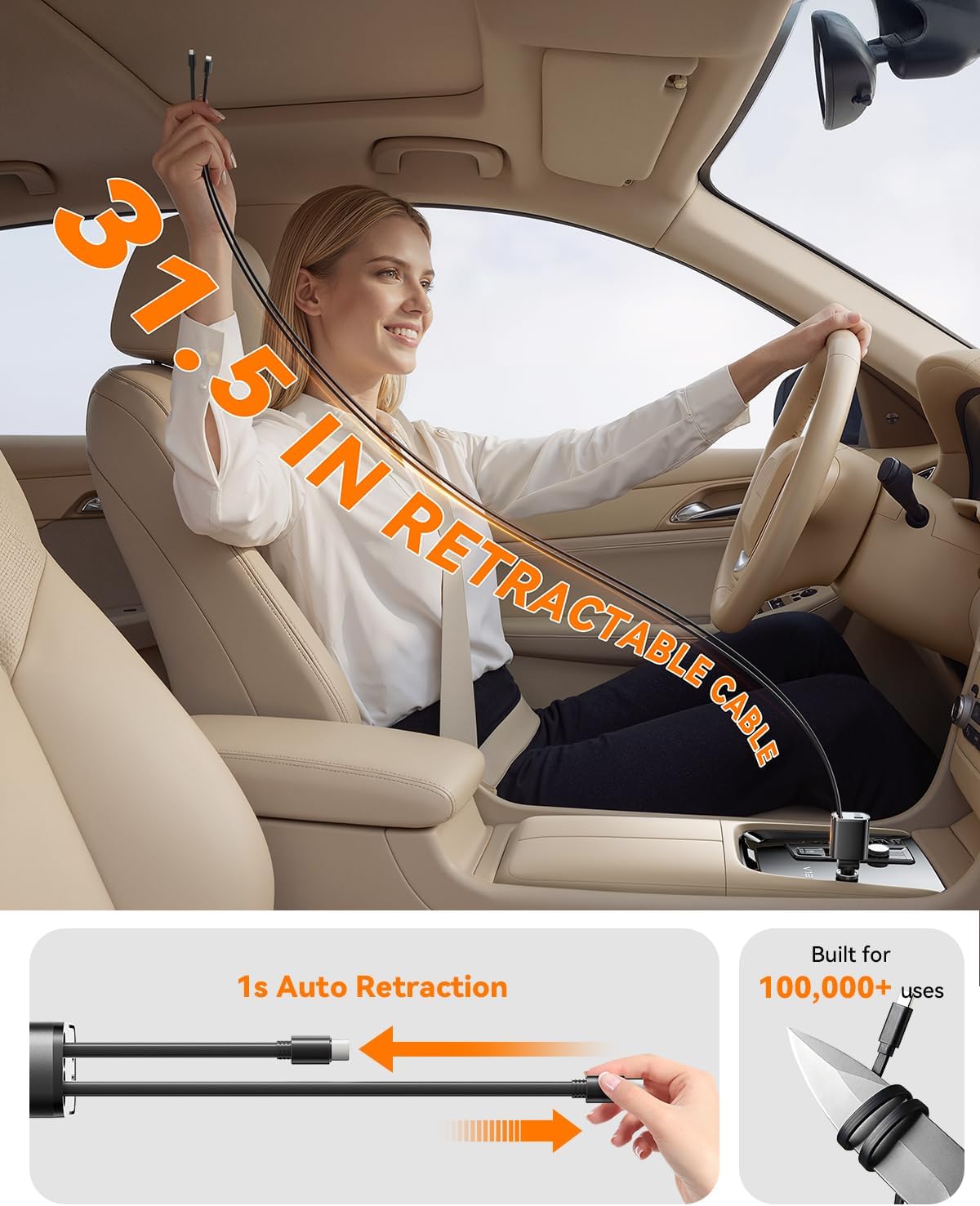 SUPERONE 90W Retractable Car Charger, Dual USB-C Cables Fast Charger Black