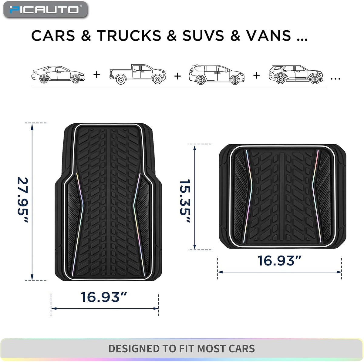PIC AUTO Car Floor Mats, Black Aluminum-Molded with Full-Circle Iridescent Inlay Strip Car Mats, Universal-Fit Rubber Mats for Cars, Trucks & SUVs, All-Weather, Non-Slip, Easy-to-Clean Interior Mats