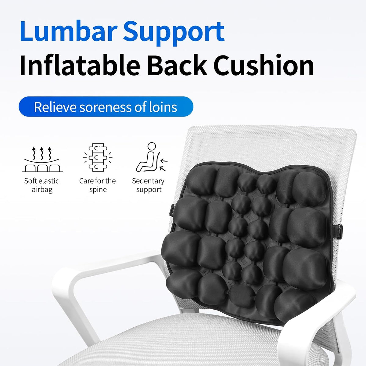 Inflatable Lumbar Support Pillow for Car & Office Chair - Tailbone Pain Relief Air Seat Cushion for Driver, Wheelchair, Airplane Seat, Travel - 17.7x14.3x2.0 Inches