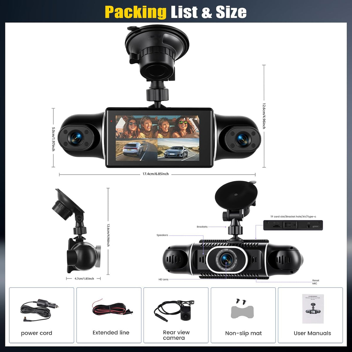360° 4 Channel 1080P Dash Cam Front and Rear Inside,3” Dash Camera for Cars Car Camera with WiFi,APP Control,IR Night Vision,Loop Recording,G-Sensor,Parking Assistance,24H Parking Monitor