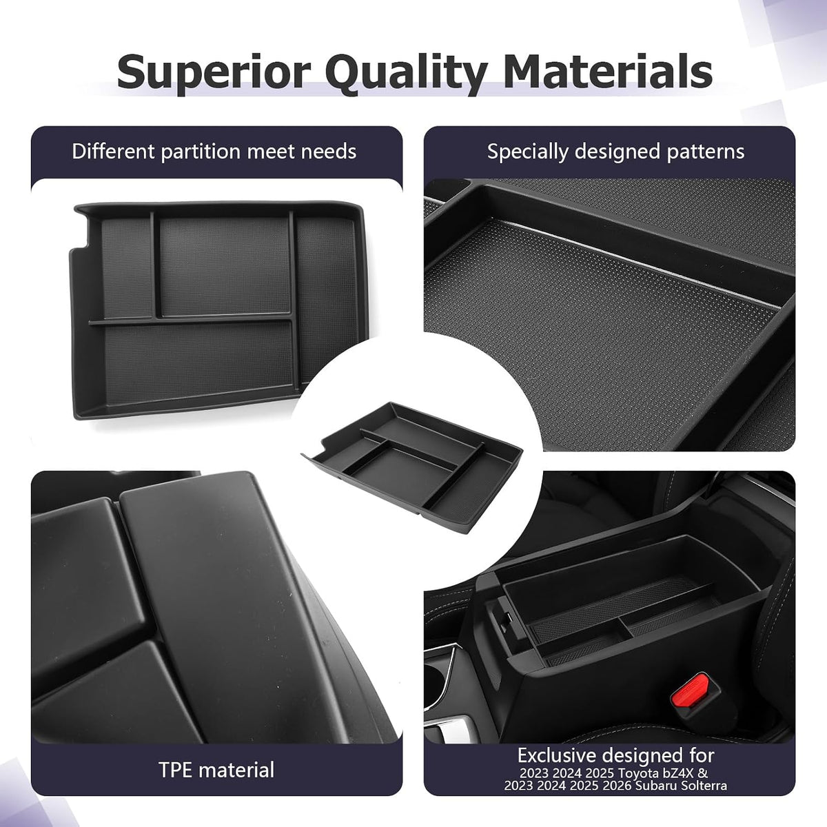 LUWU Lower Console Organizer Compatible with 2023 2024 2025 Toyota bZ4X & 2023 2024 2025 Subaru Solterra Accessories Armrest Console Secondary Storage Box Insert Tray Silicon Material Black