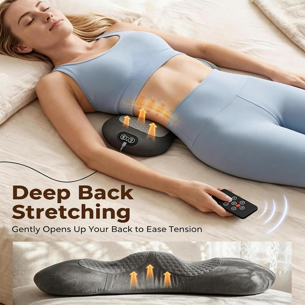 2026 Upgraded 3-in-1 Lumbar Support Pillow with Remote Control, Triple Fusion Back Massager with Heat, Vibration &amp; Stretching, Portable Electric Lumbar Pillow for Home, Office, Travel &amp; Car