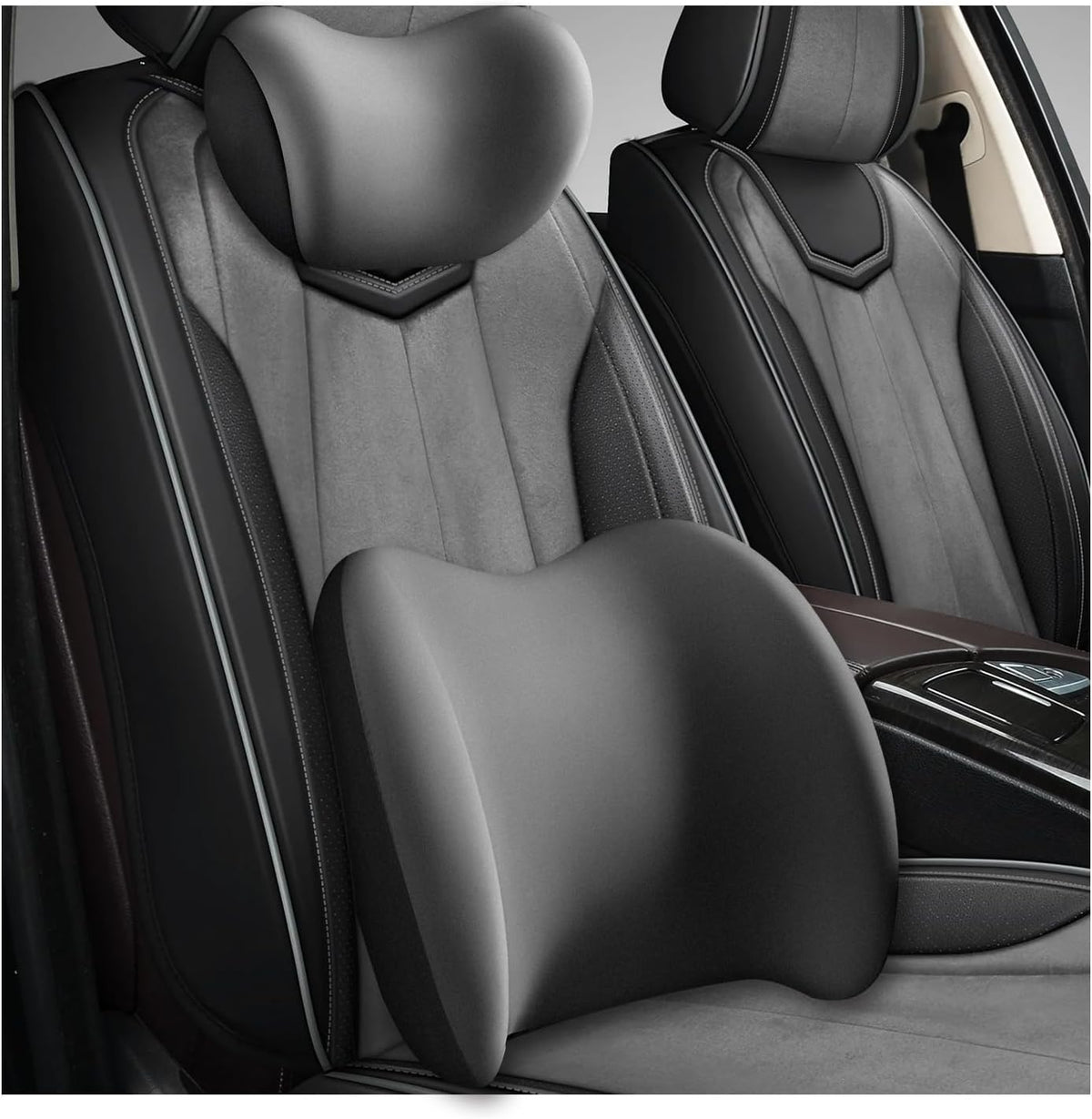 Car Headrest & Lumbar Support Cushion, Ergonomic Memory Foam Car Neck Back Support w/Removable Cover, Universal Breathable Lumbar Cushion Headrest Pillow with Adjusatble Strap (Gray)